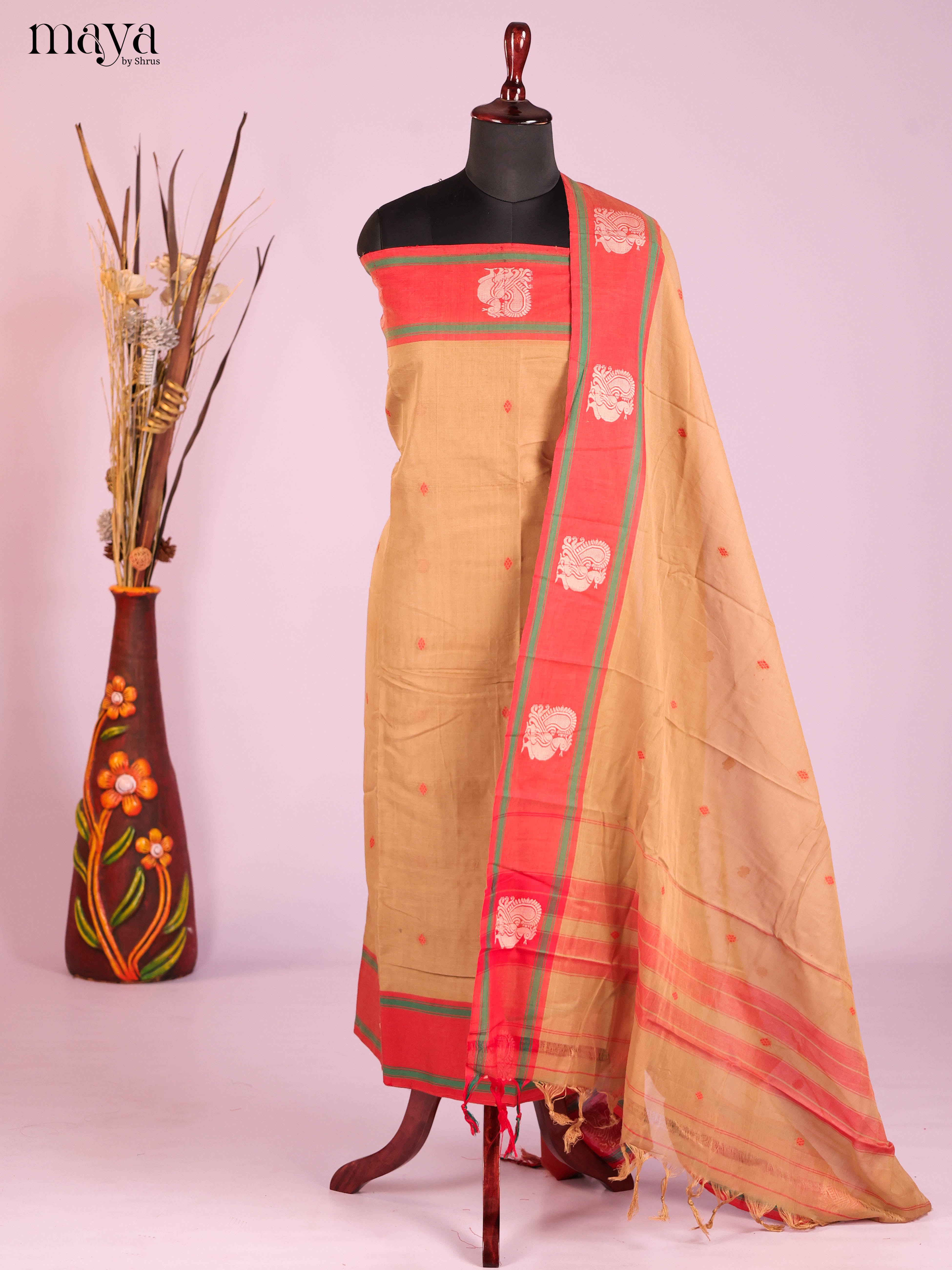 Light Brown & Red -Narayanpet top & dupatta combo