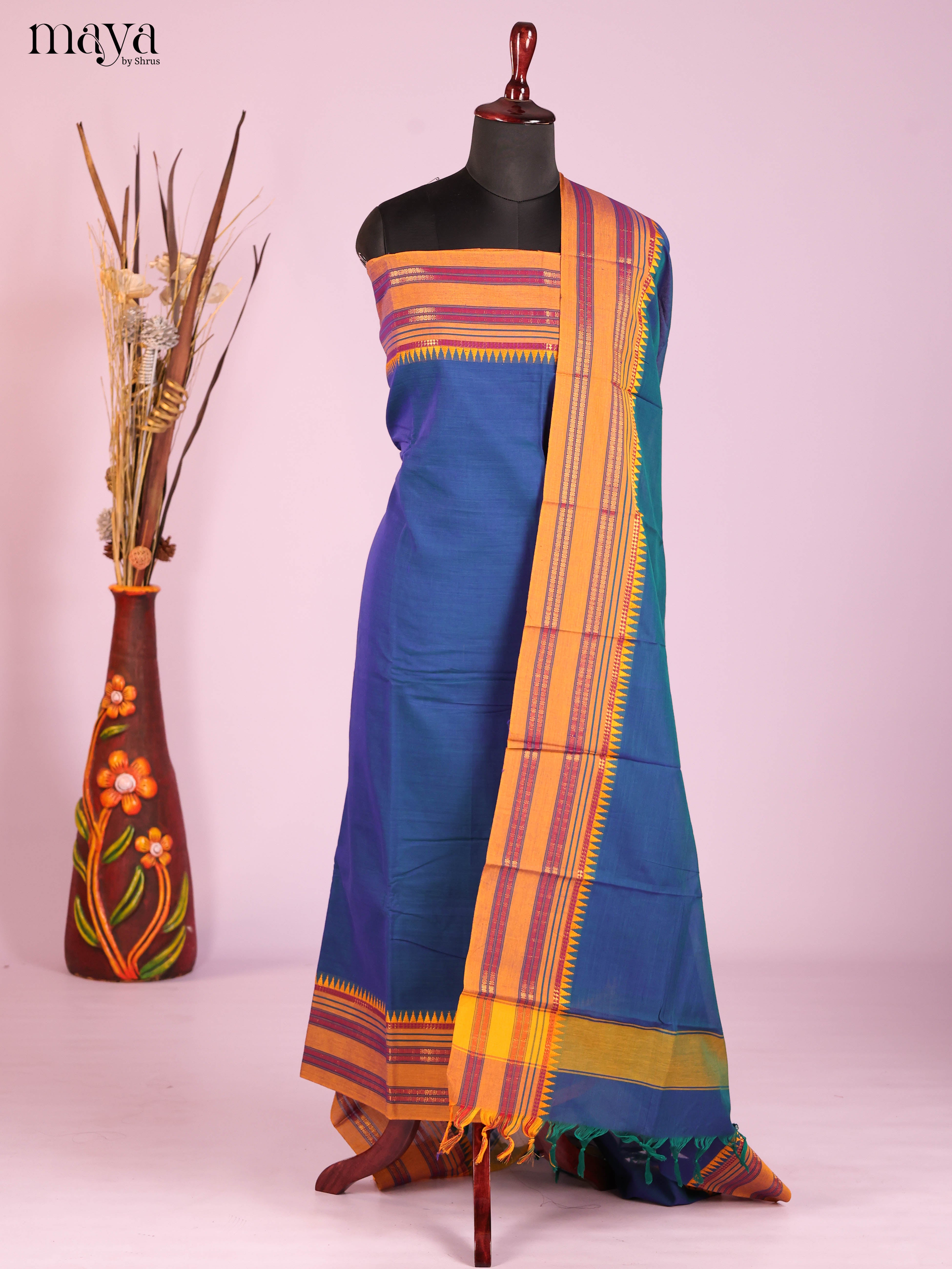 Blue & Mustard -Narayanpet top & dupatta combo