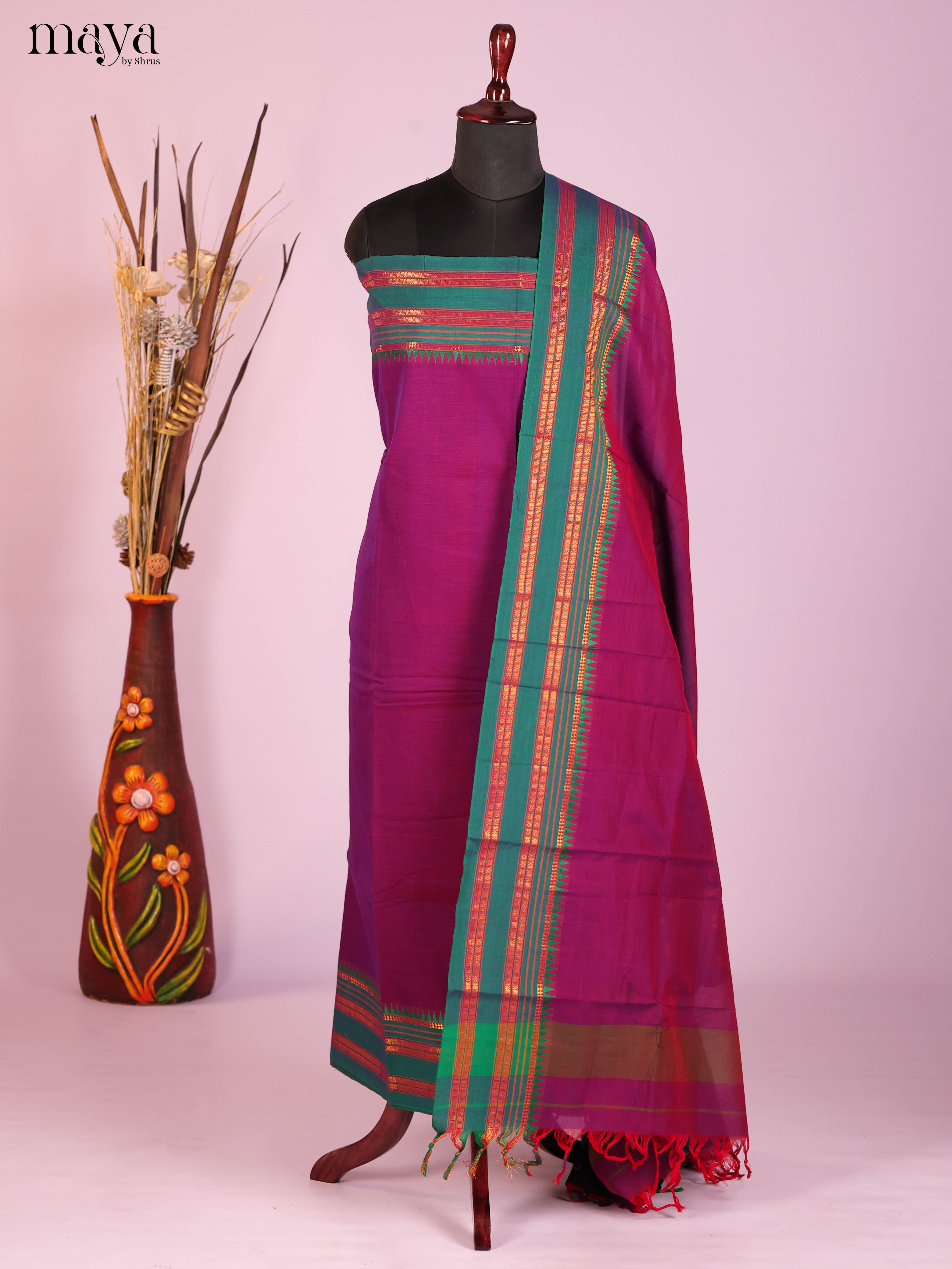 Purple & Green-Narayanpet top & dupatta combo