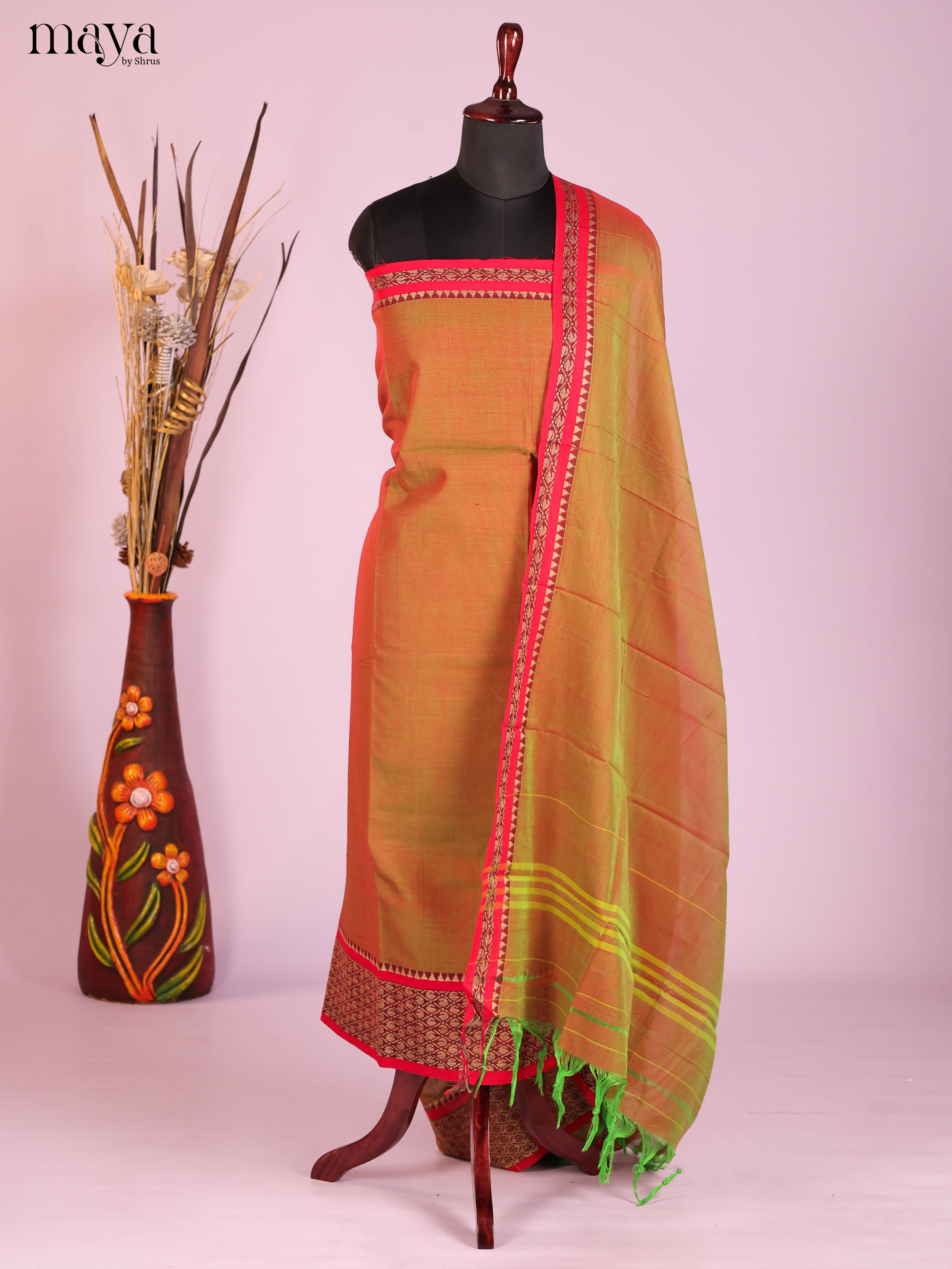 Mustard & Red -Narayanpet top & dupatta combo
