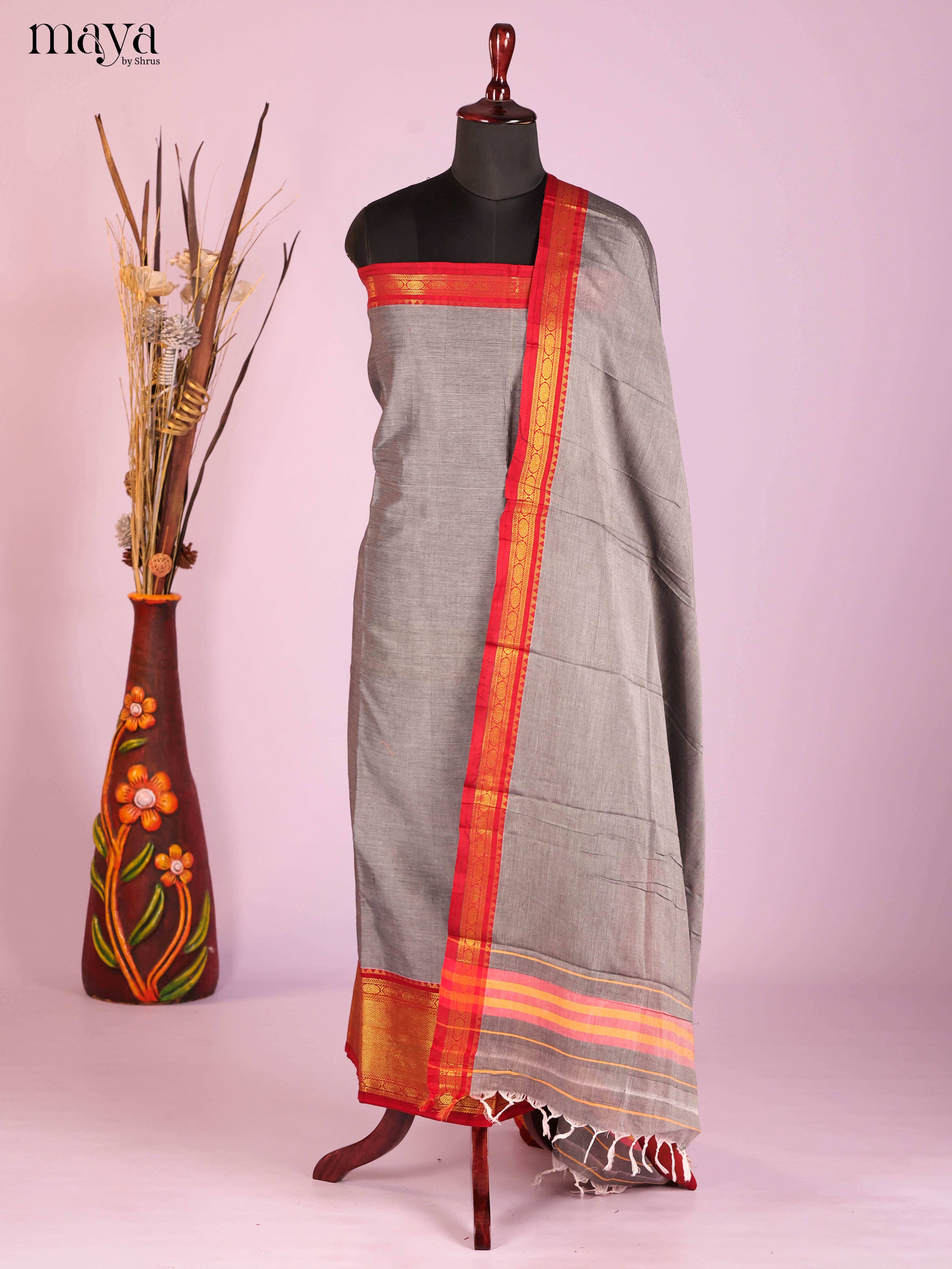 Grey & Red -Narayanpet top & dupatta combo
