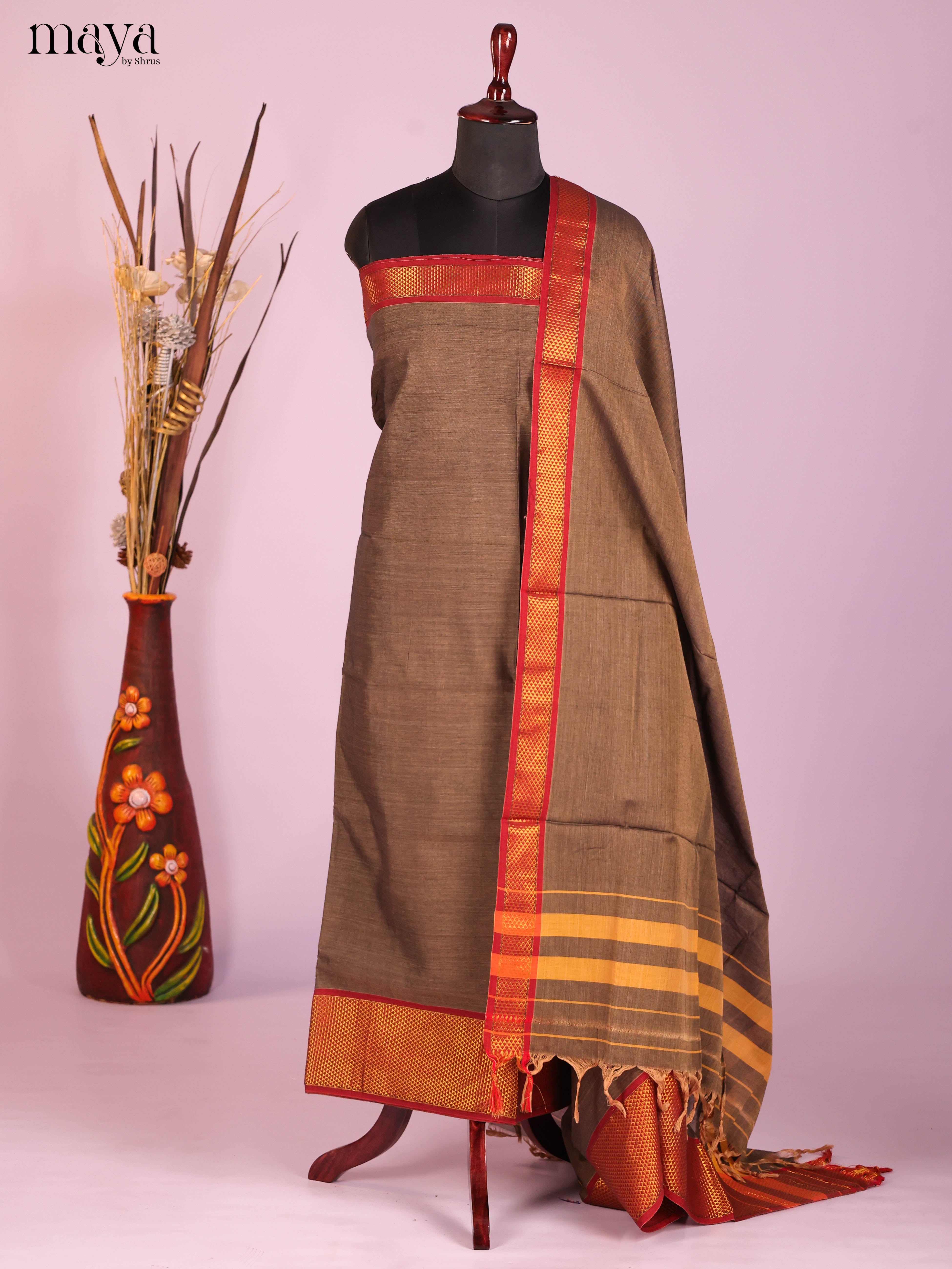 Grey & Red -Narayanpet top & dupatta combo