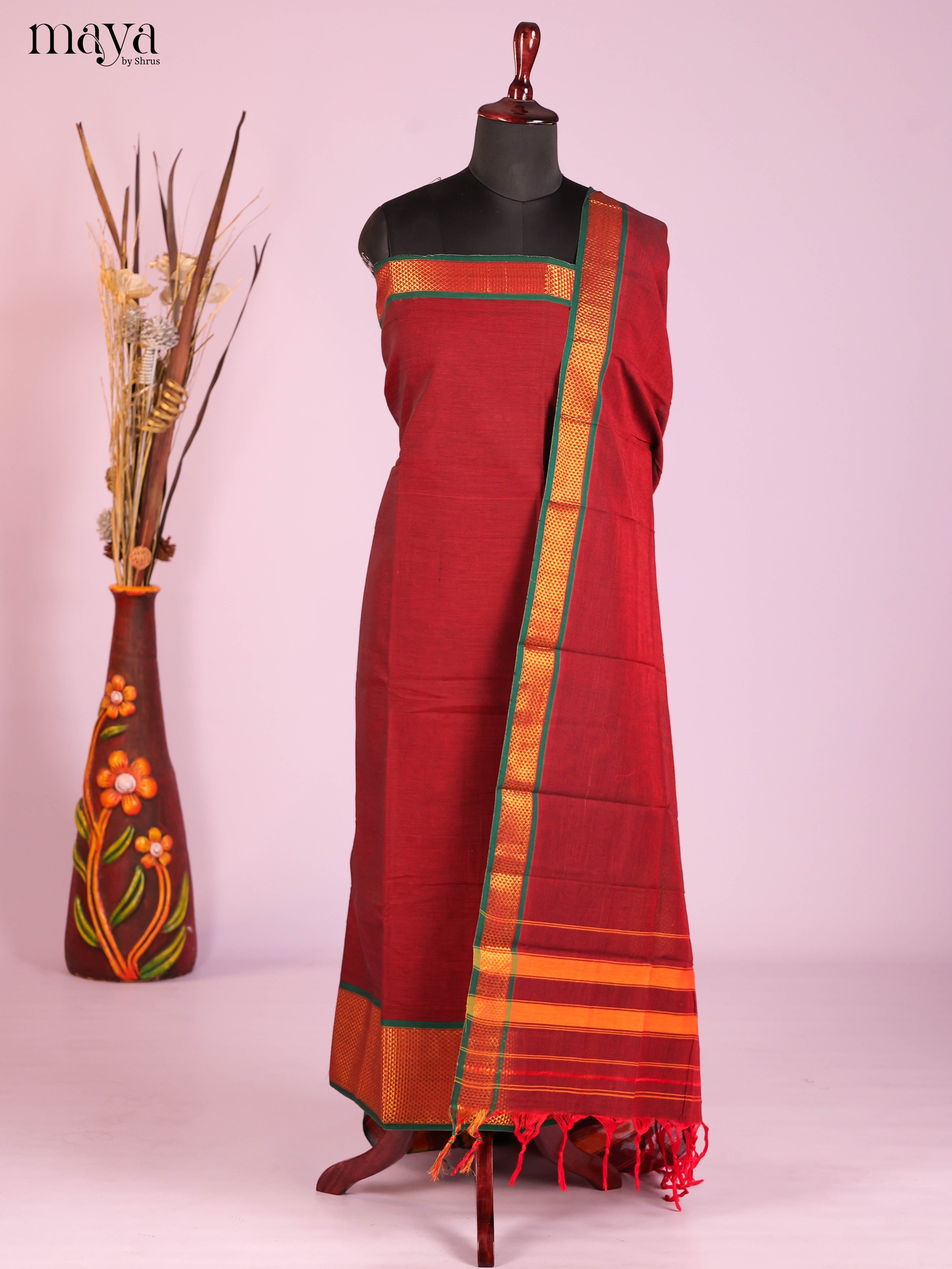 Maroon & Green-Narayanpet top & dupatta combo