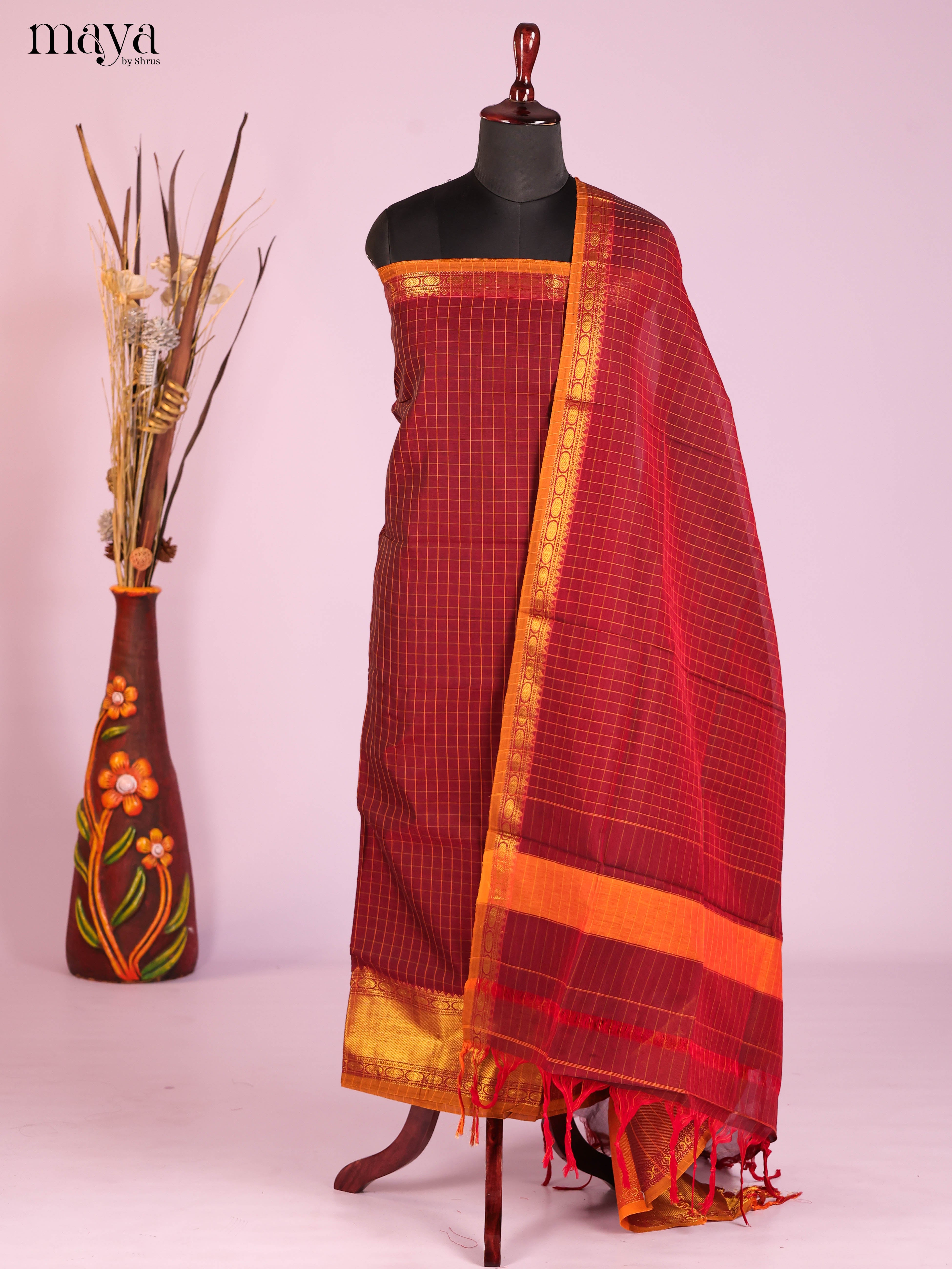 Maroon & Mustard-Narayanpet top & dupatta combo