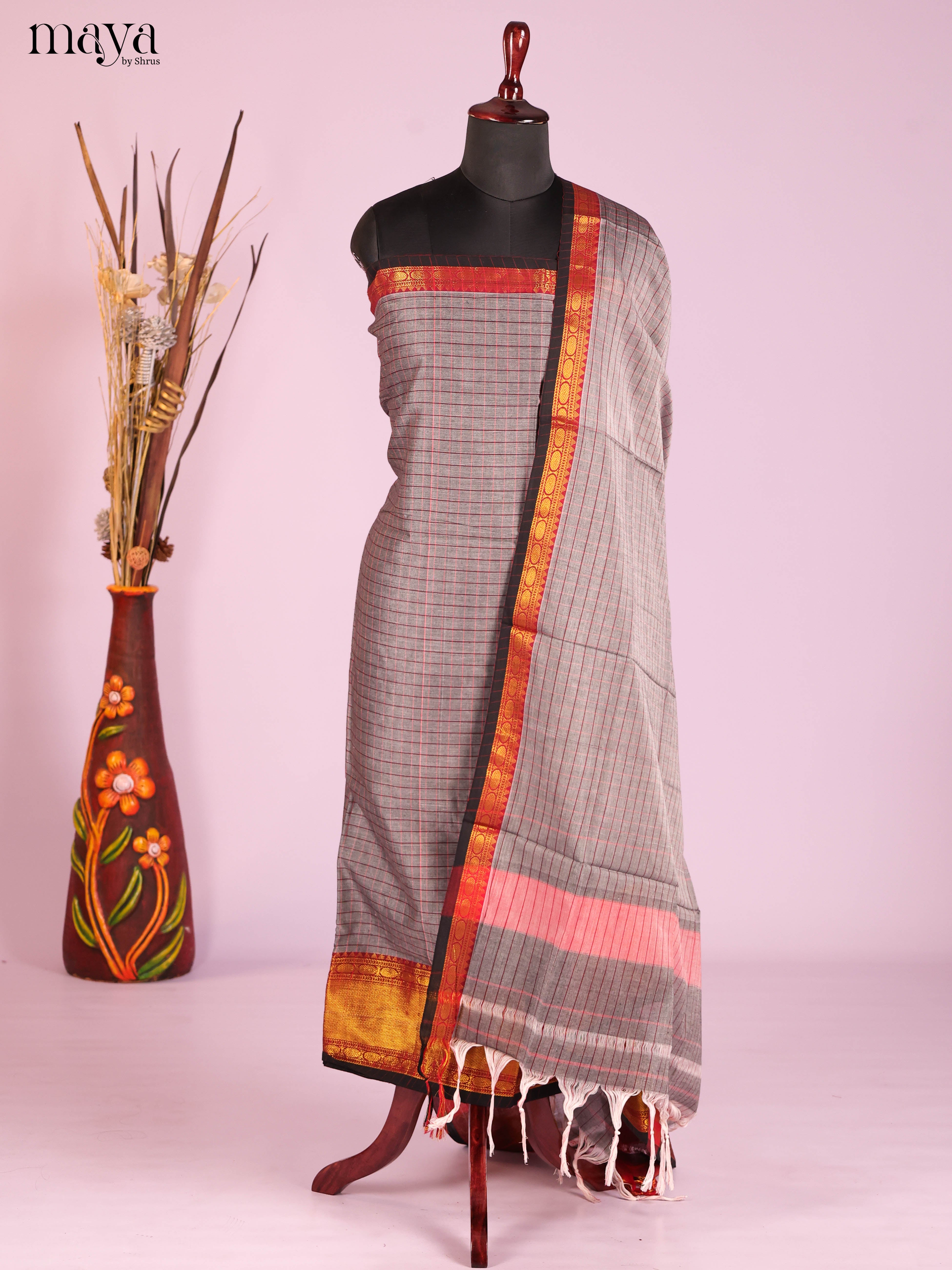 Grey & Red-Narayanpet top & dupatta combo