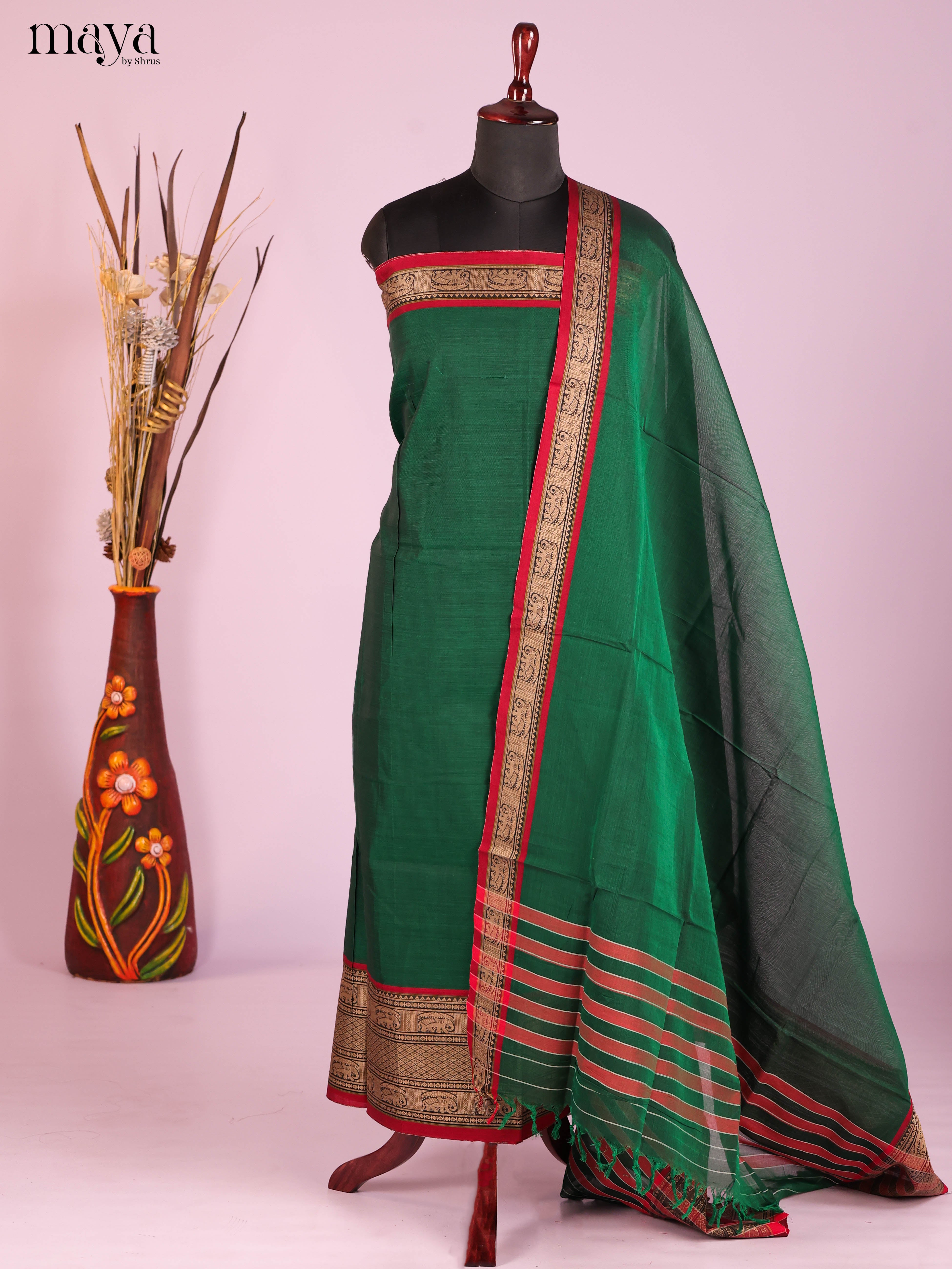 Green & Red-Narayanpet top & dupatta combo