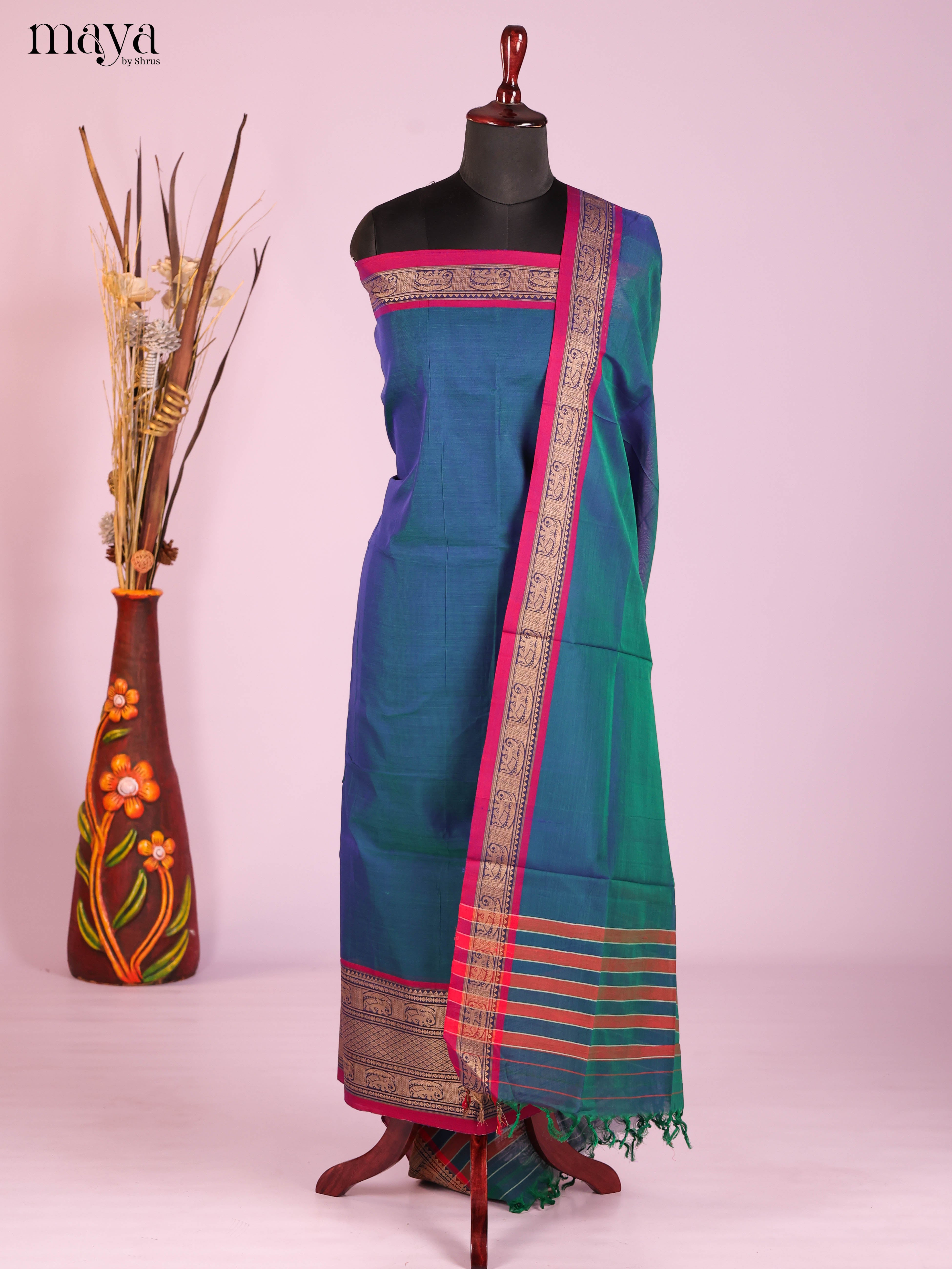 Blue & Red-Narayanpet top & dupatta combo