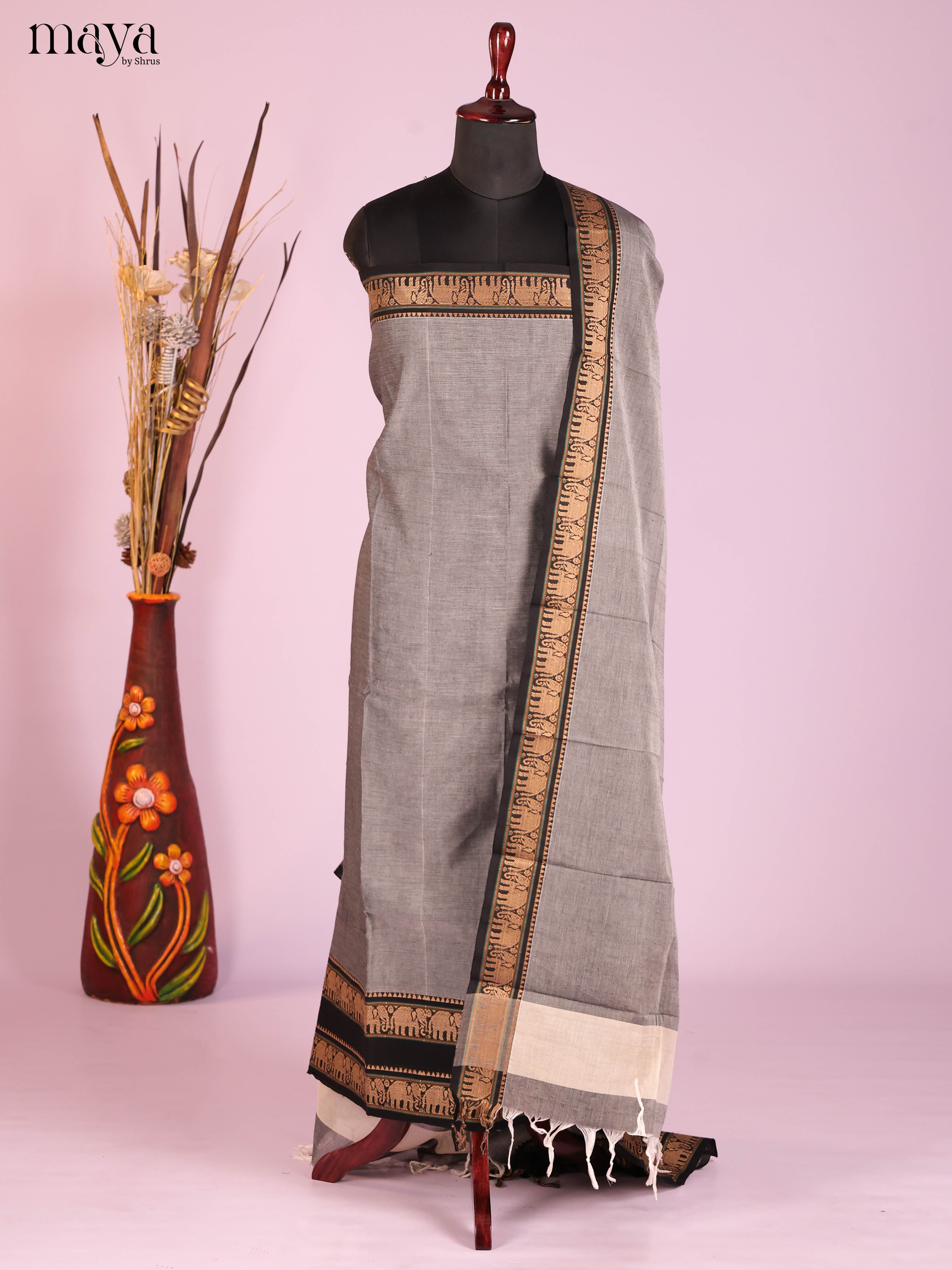 Grey & Black-Narayanpet top & dupatta combo
