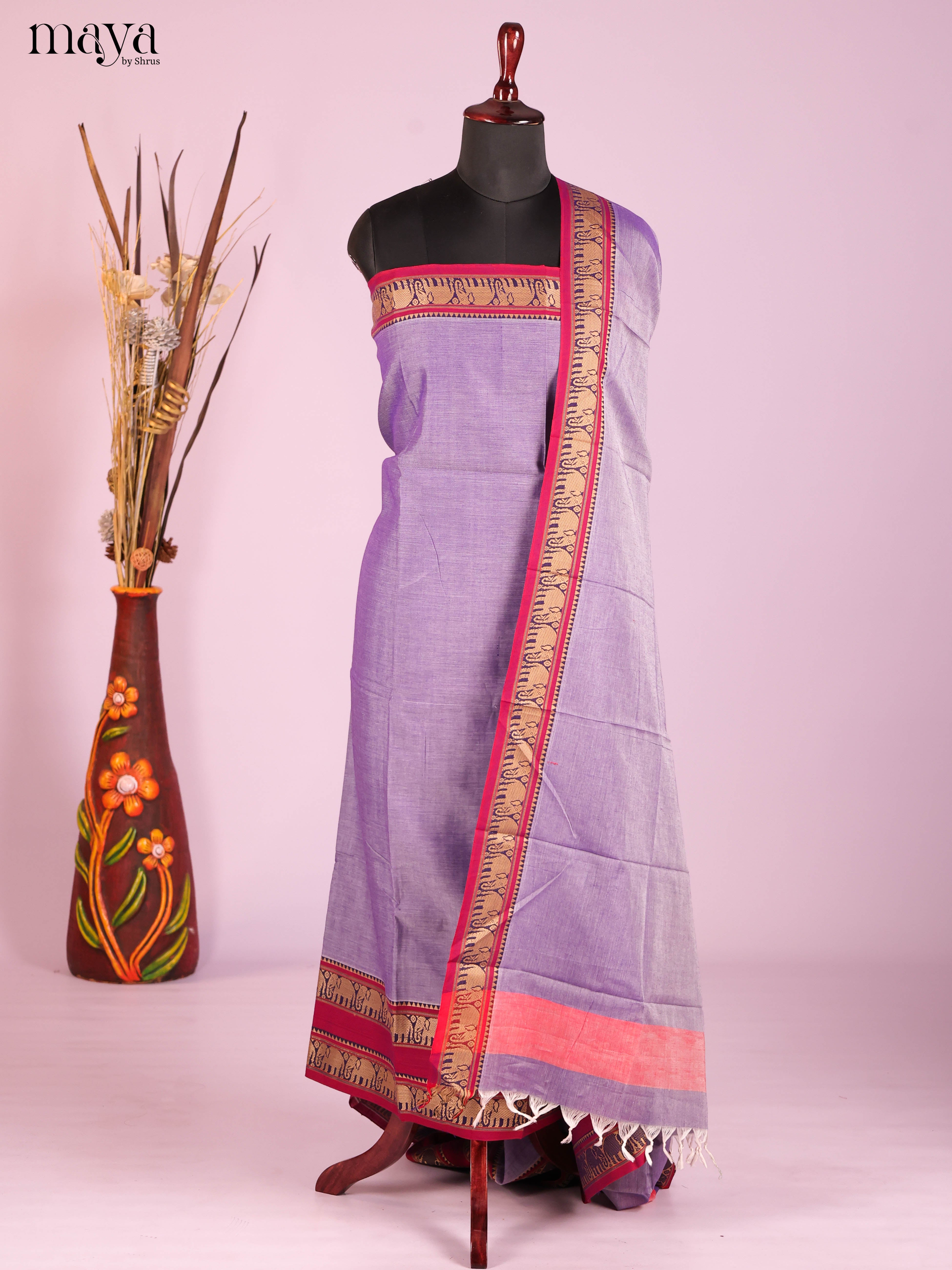Lavender & Red -Narayanpet top & dupatta combo