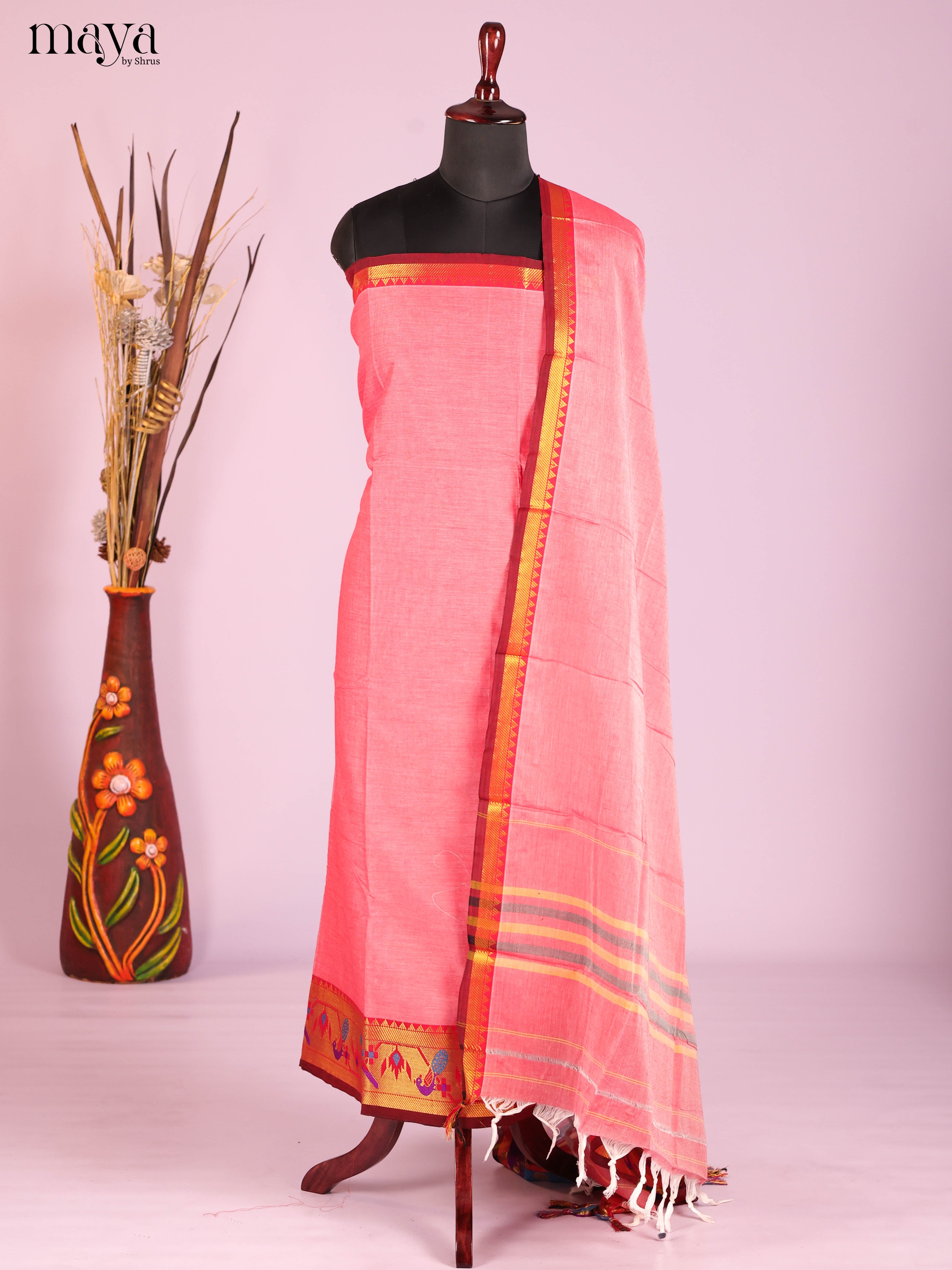 Pink & Red-Narayanpet top & dupatta combo