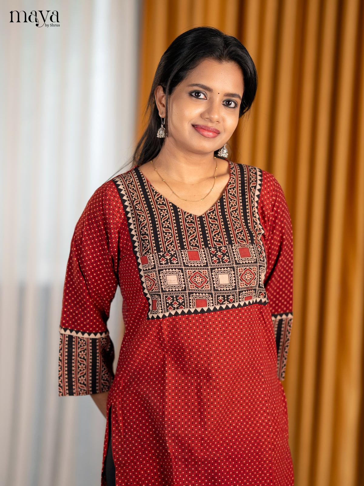 Red & Black Ajrakh printed Readymade Kurti