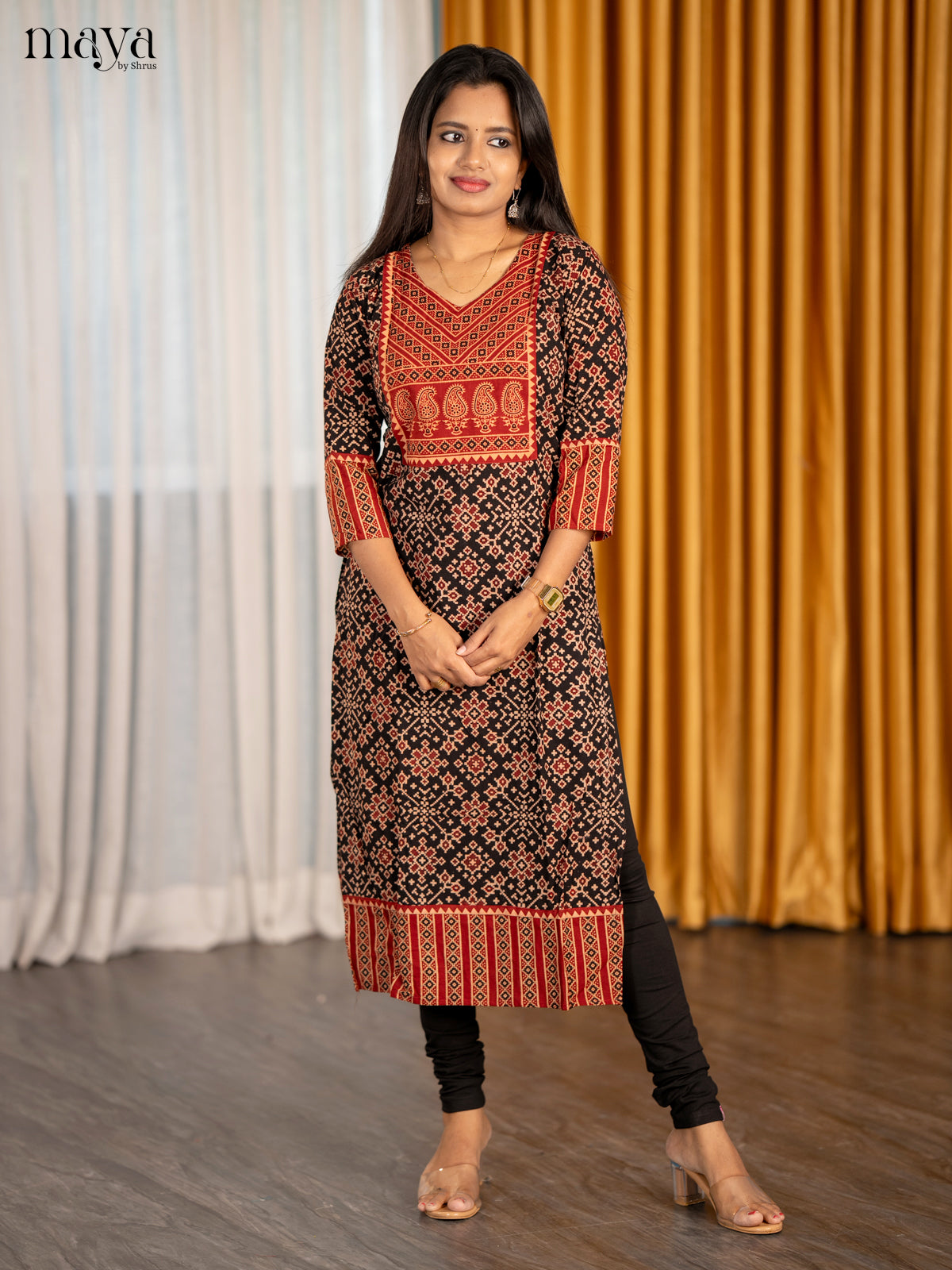 Black & Red Ajrakh Printed Readymade Kurti