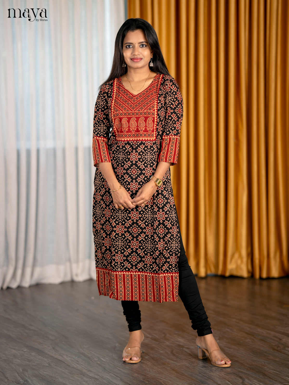 Black & Red Ajrakh Printed Readymade Kurti