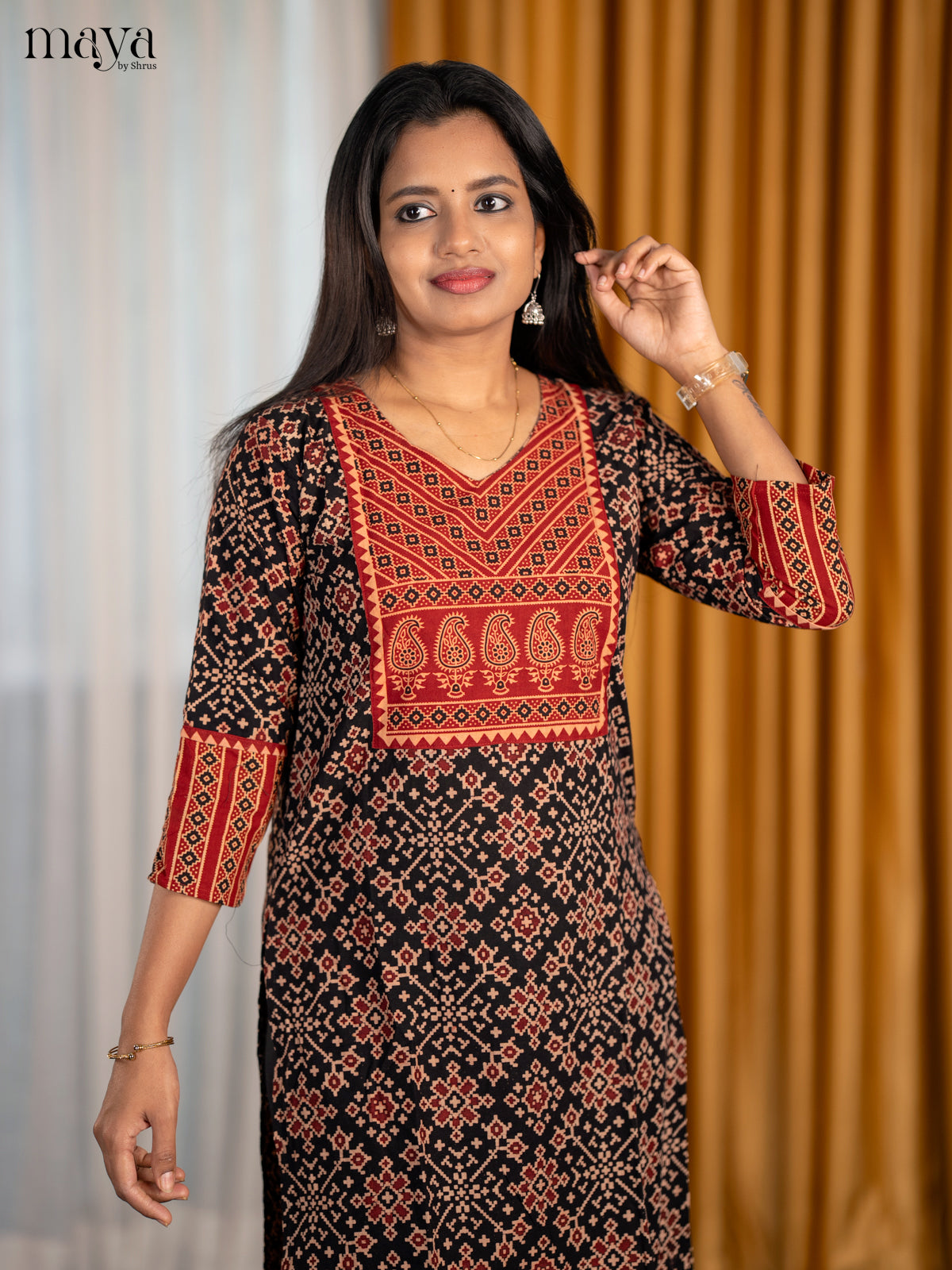 Black & Red Ajrakh Printed Readymade Kurti