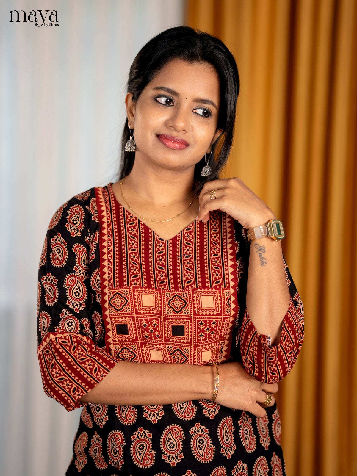 Black & Red Ajrakh Printed Readymade Kurti