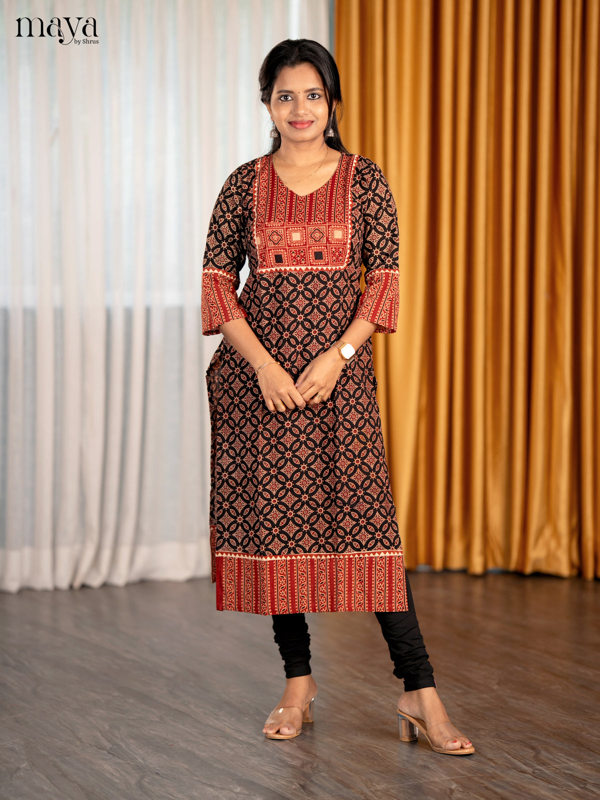 Black & Red Ajrakh Printed Readymade Kurti