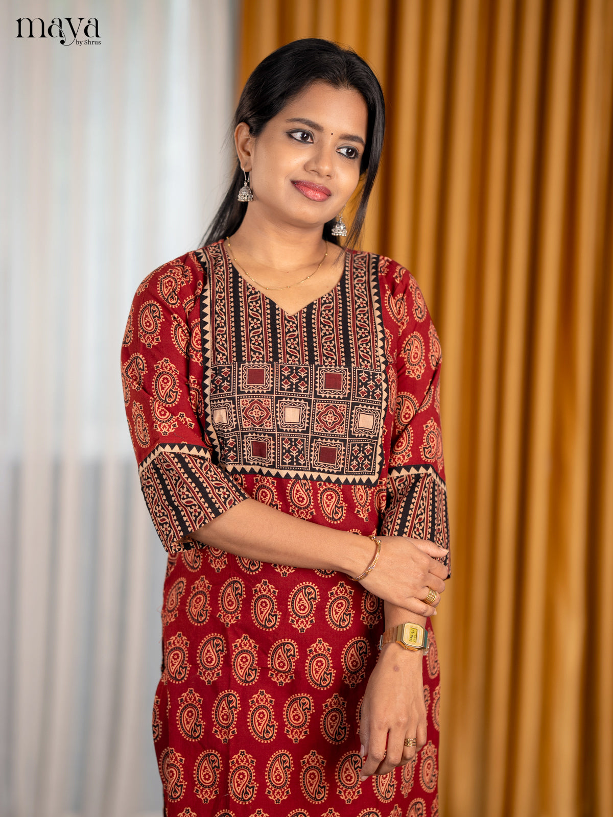 Red & Black Ajrakh Printed Readymade Kurti