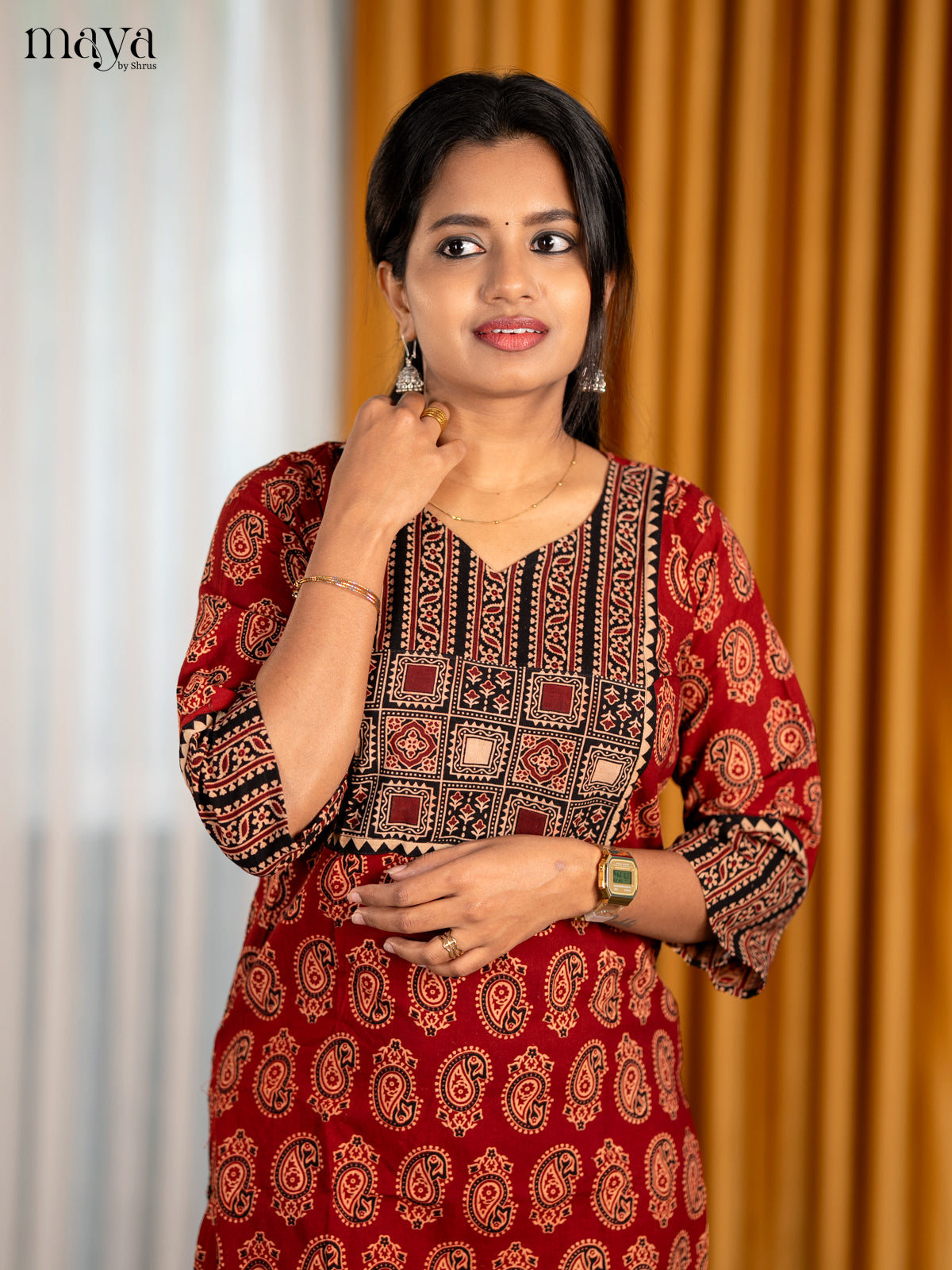 Red & Black Ajrakh Printed Readymade Kurti