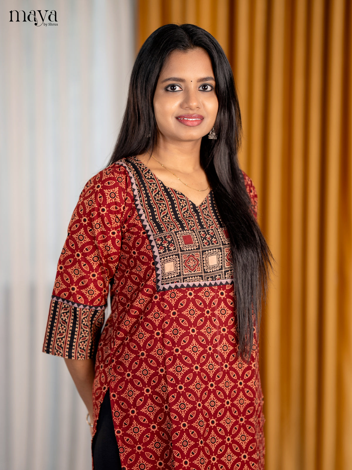 Red & Black Ajrakh Printed Readymade Kurti