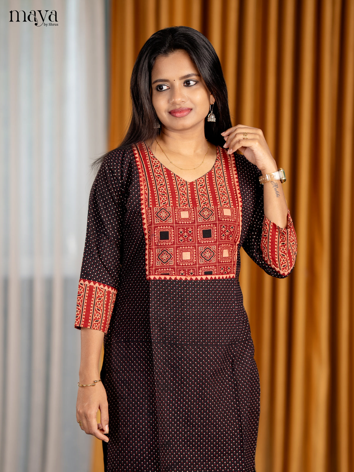 Black & Red Ajrakh Printed Readymade Kurti