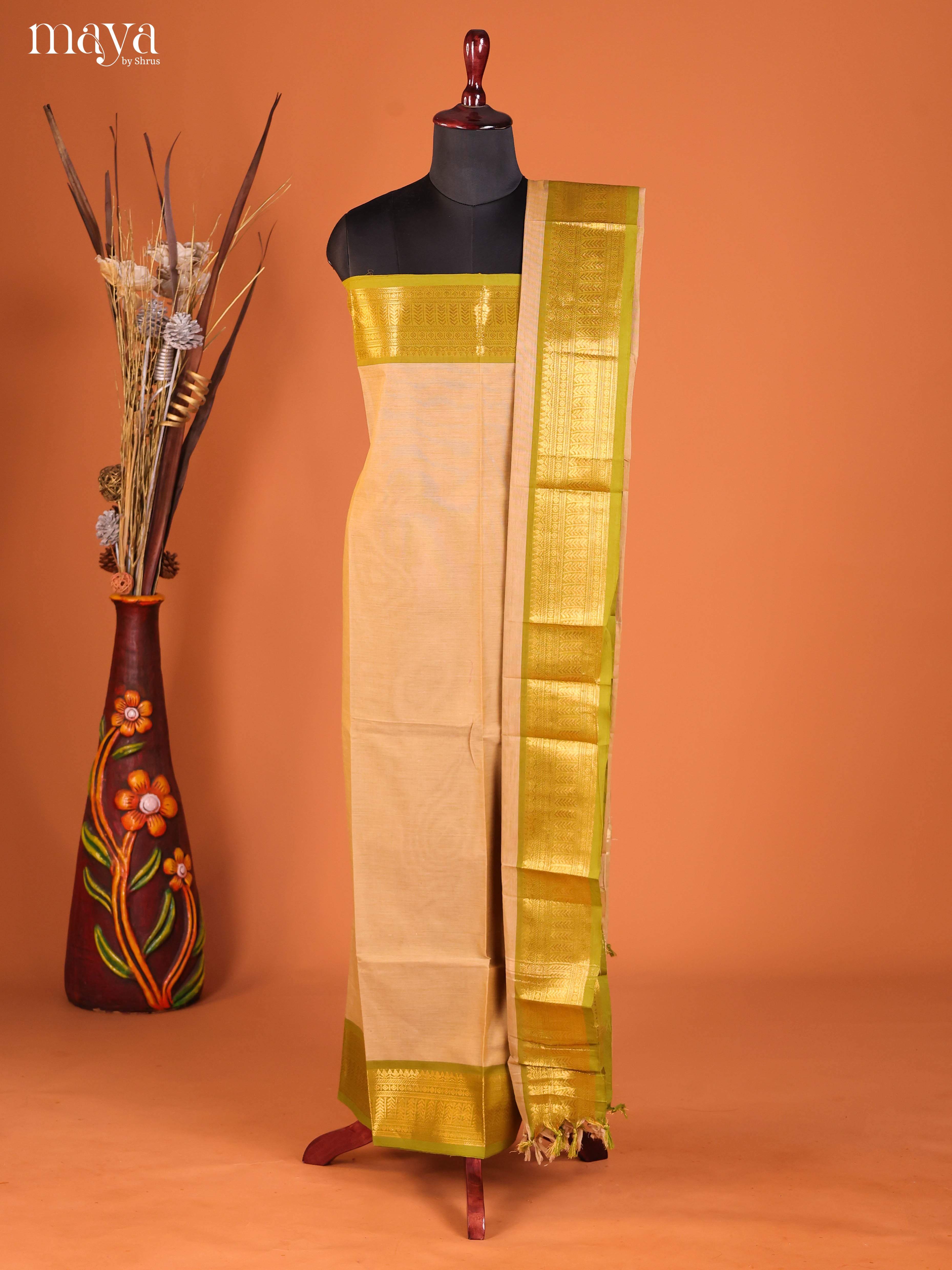 Cream & Green-chettinad top & dupatta combo