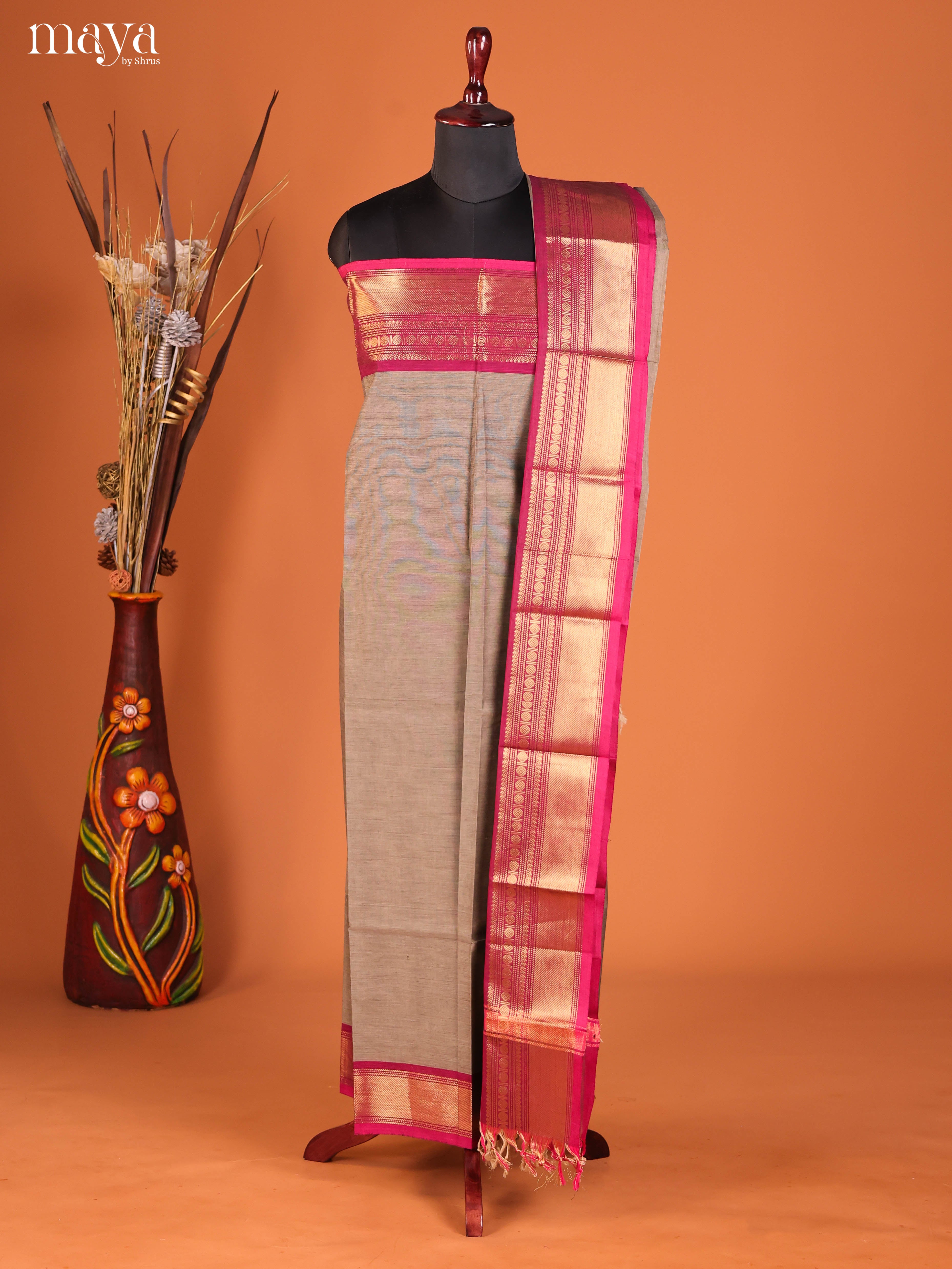 Grey & Pink-chettinad top & dupatta combo
