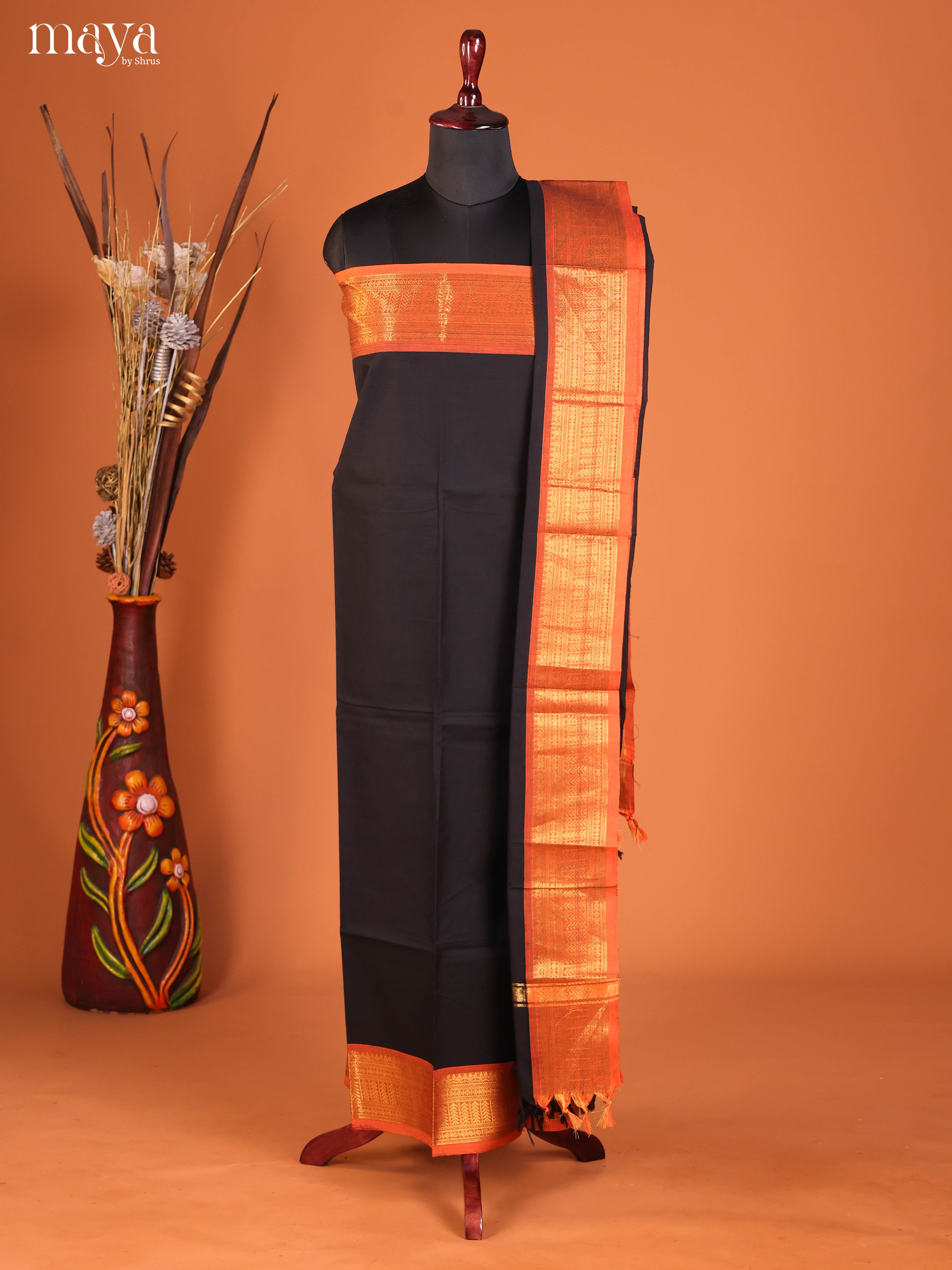 Black & Orange-chettinad top & dupatta combo