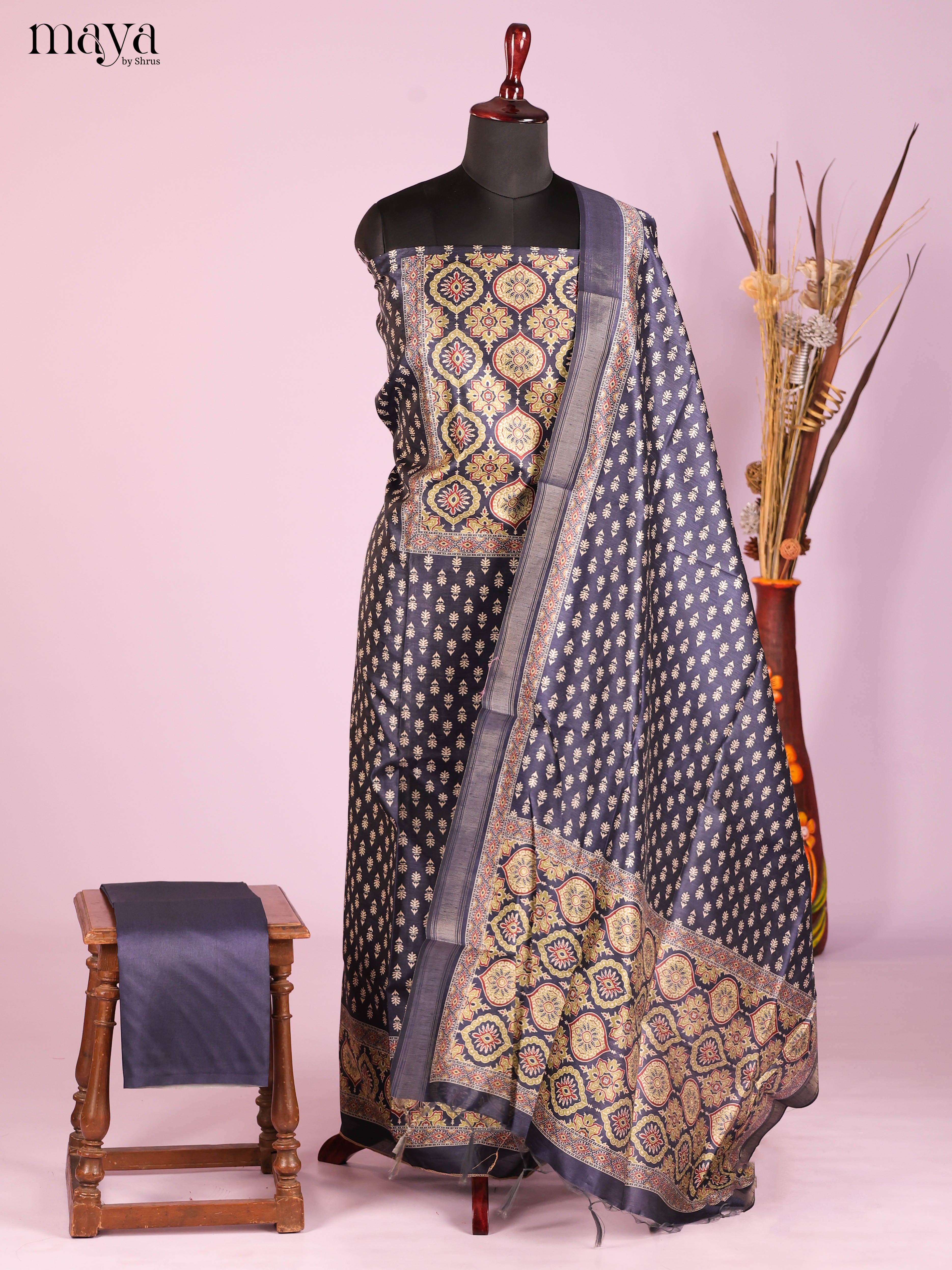 Blue-Semi Tussar Salwar Unstitch