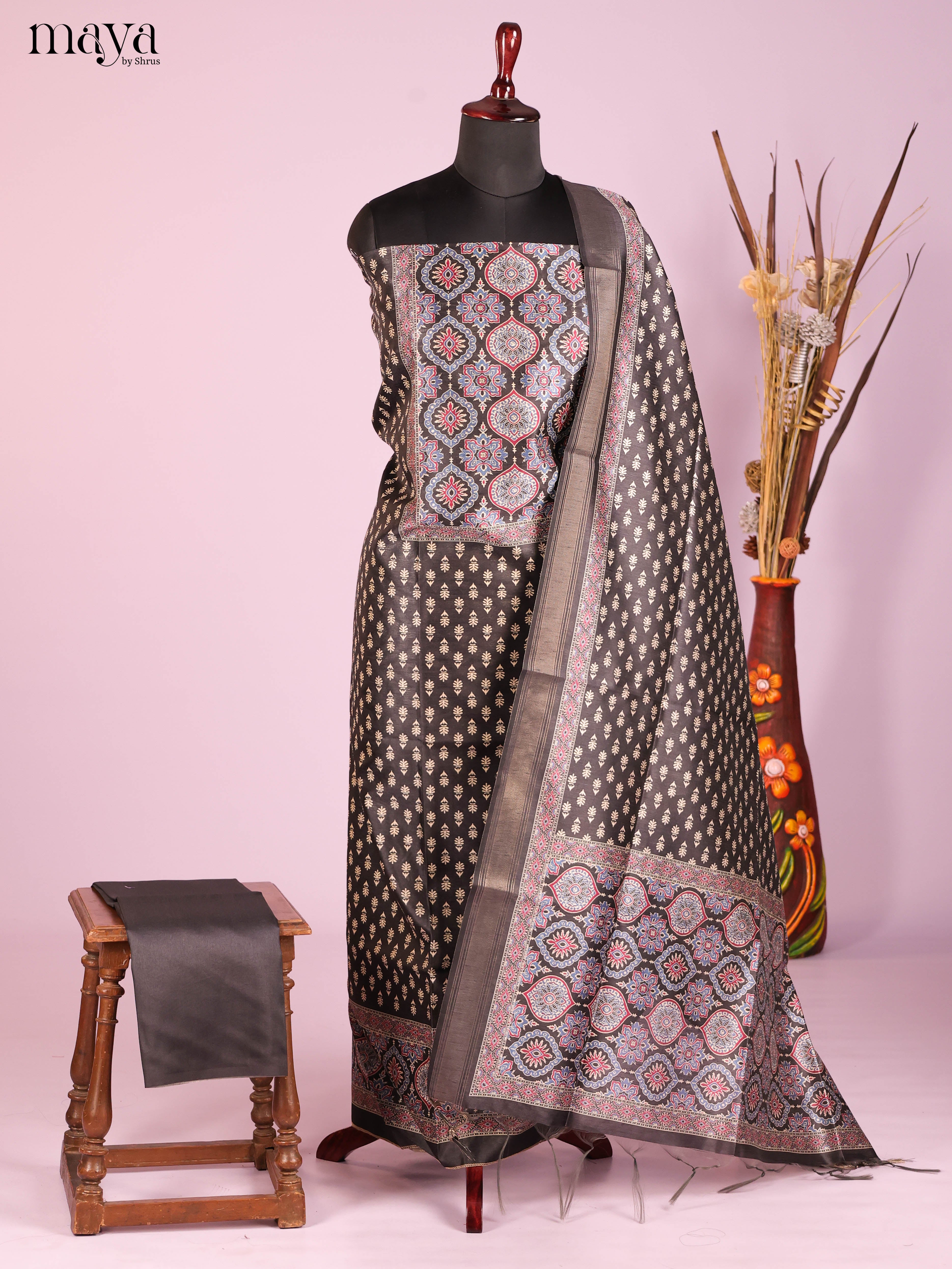 Black -Semi Tussar Salwar Unstitch
