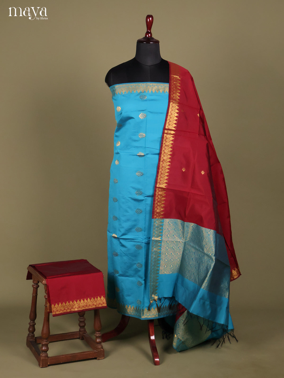 Blue & Maroon-semi softsilk salwar Unstitch
