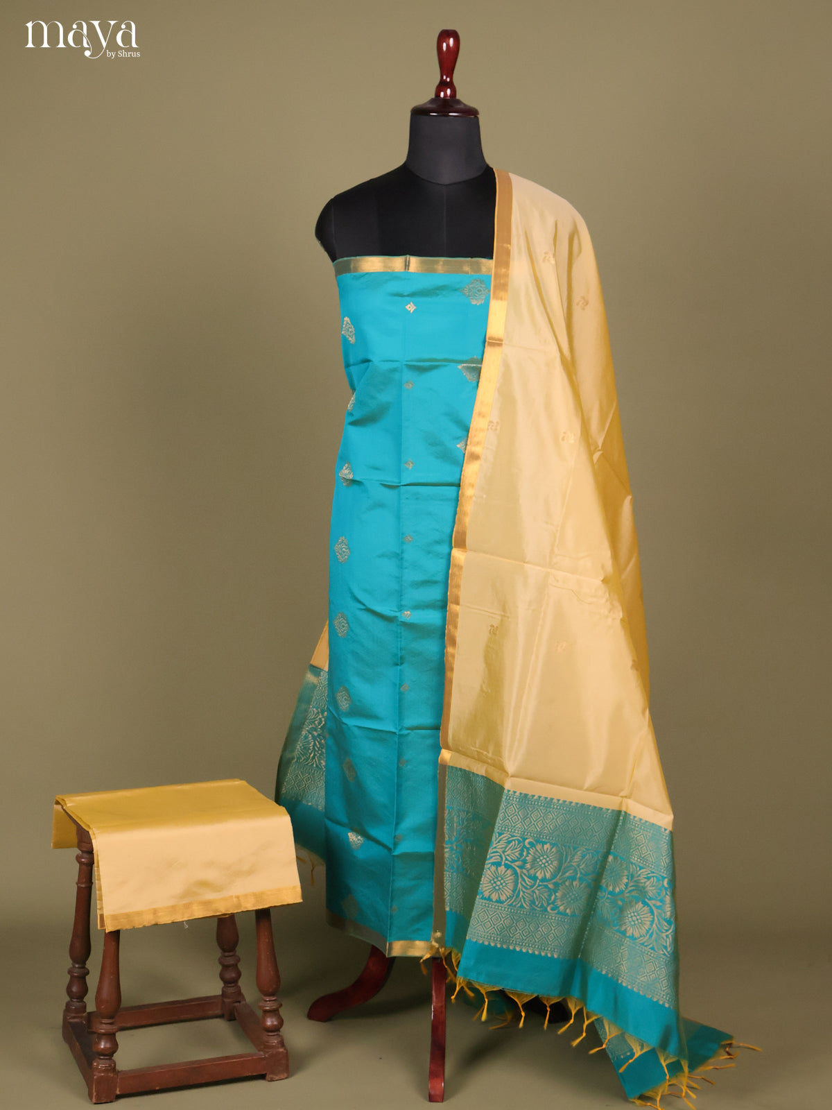 Blue & Cream-semi softsilk salwar Unstitch