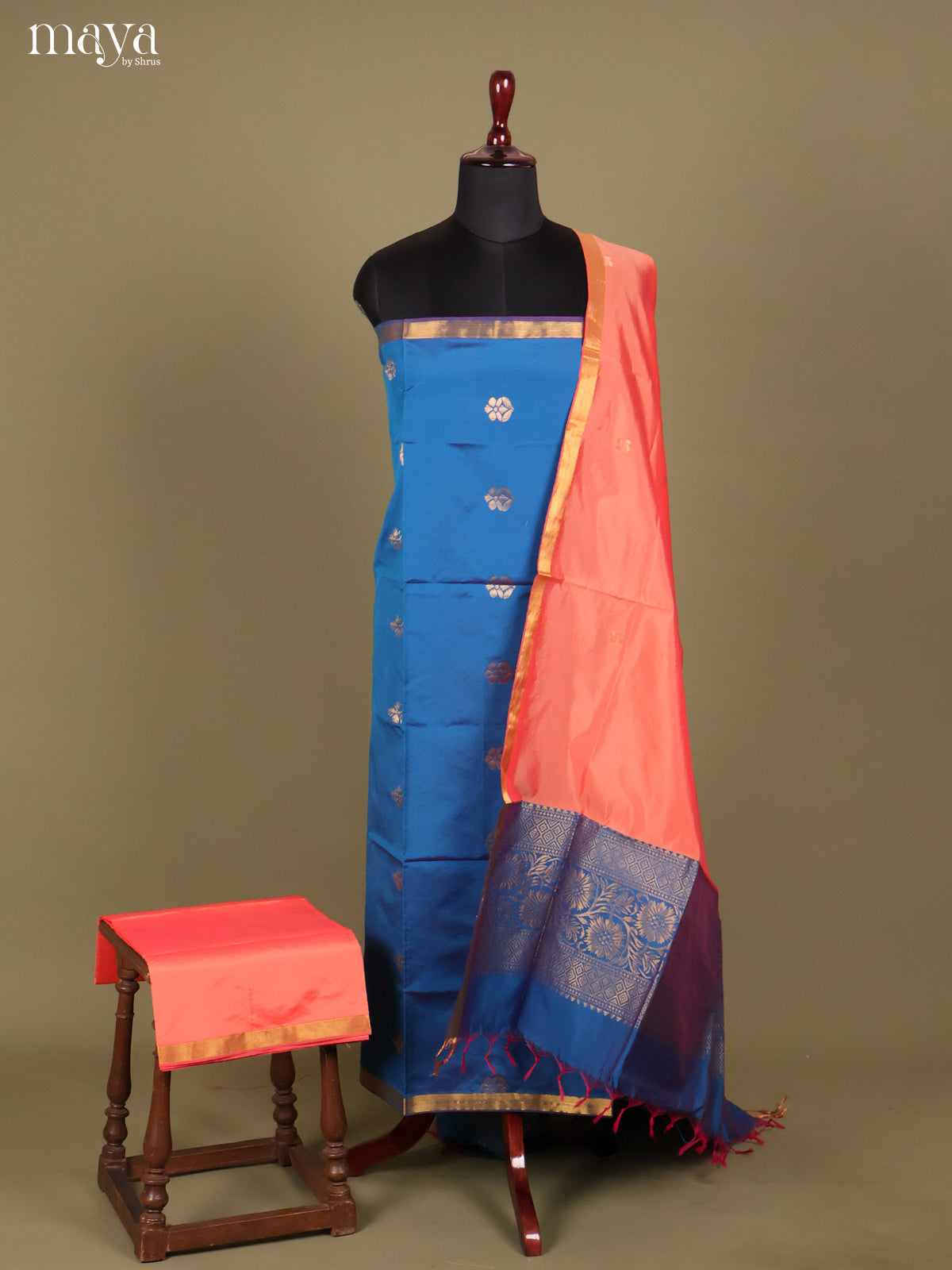 Blue & Peach -semi softsilk salwar Unstitch