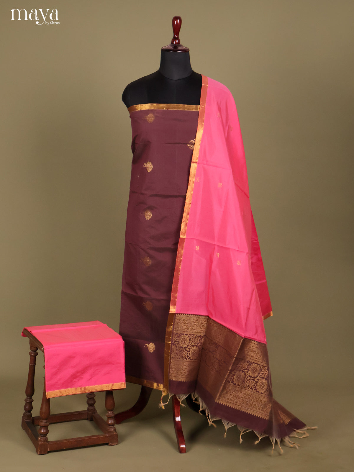 Brown & Pink -semi softsilk salwar Unstitch