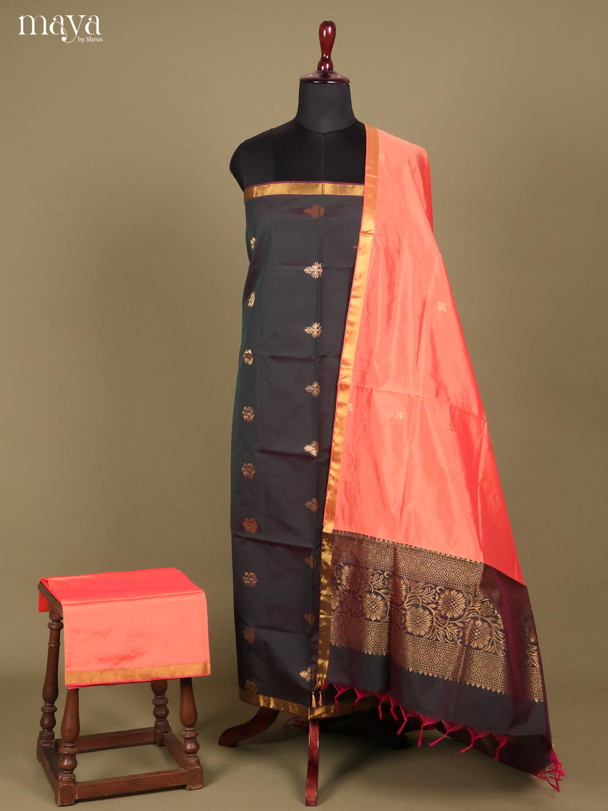 Black & Peach -semi softsilk salwar Unstitch