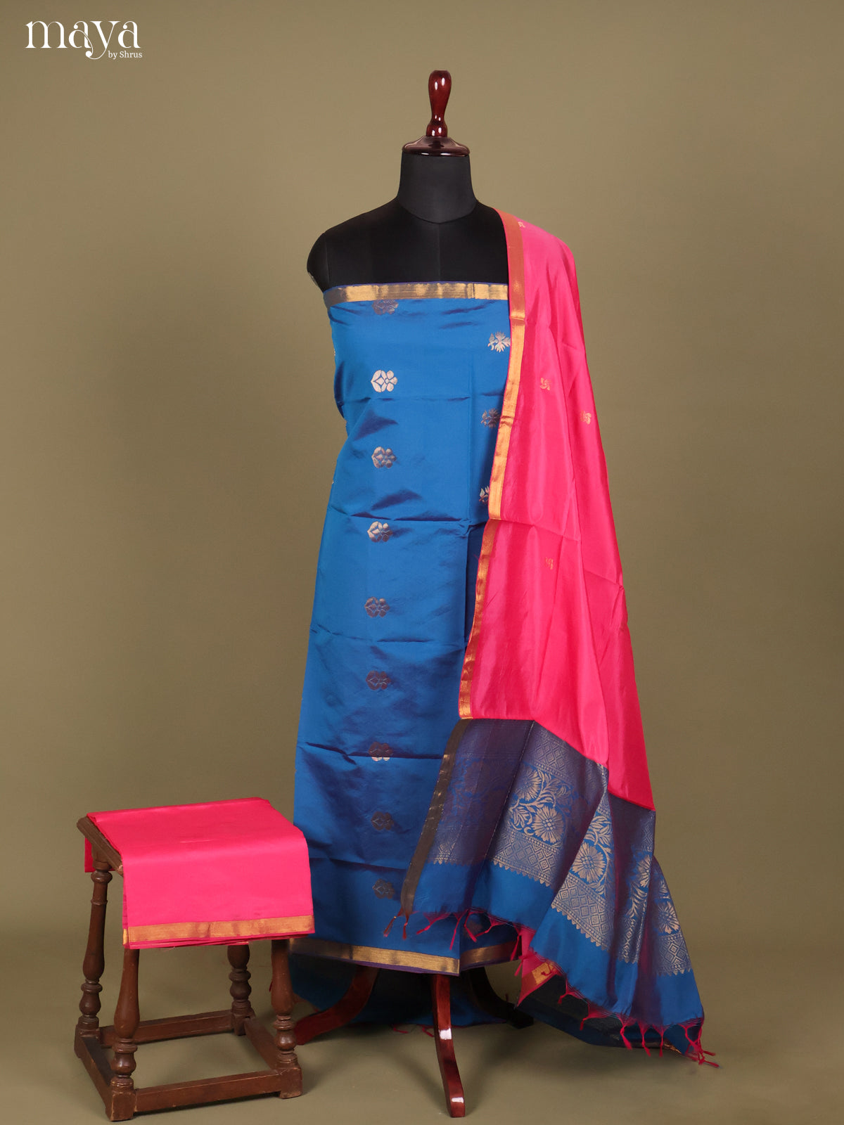 Blue & Pink-semi softsilk salwar Unstitch