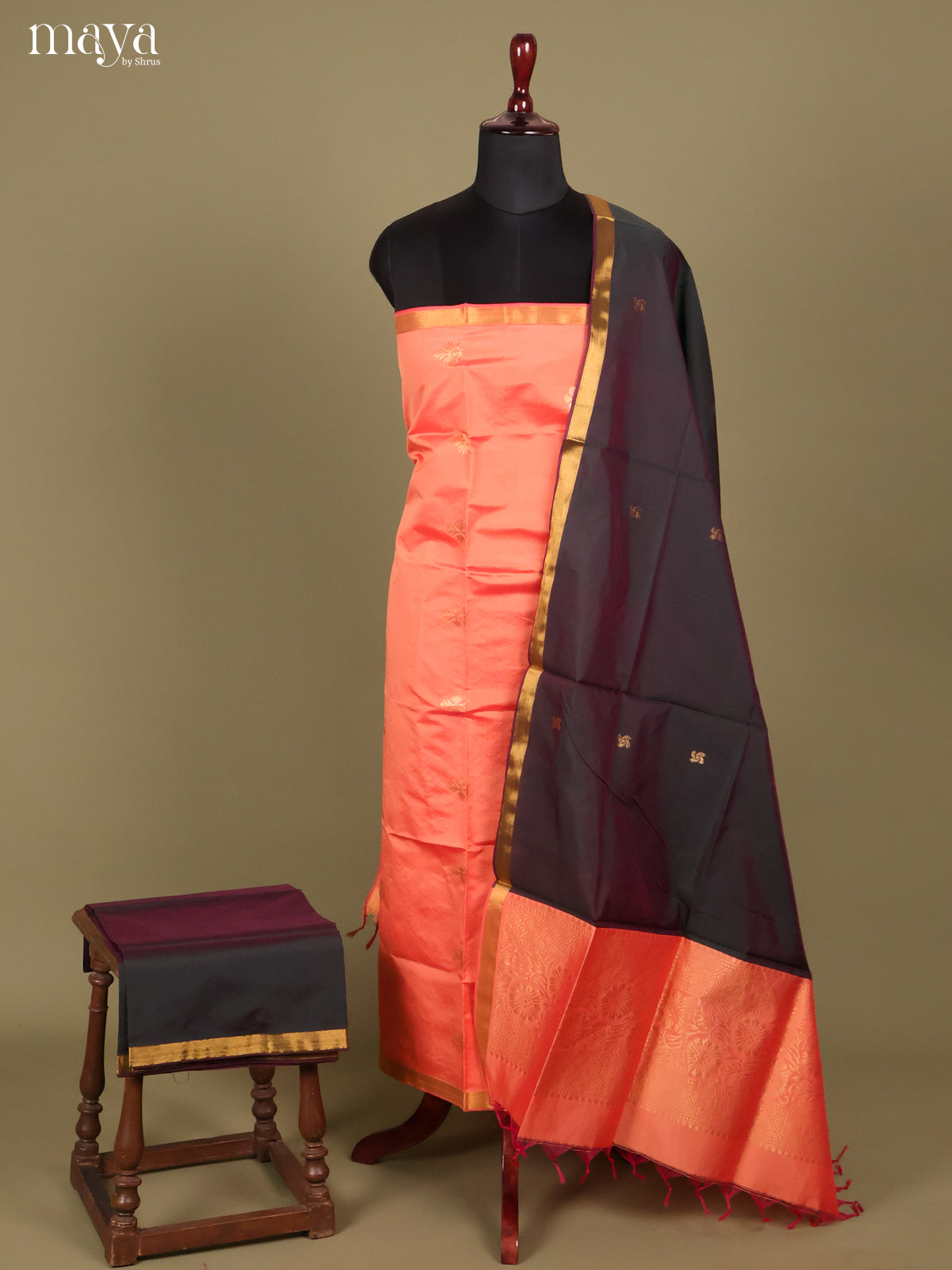 Peach & Black -semi softsilk salwar Unstitch