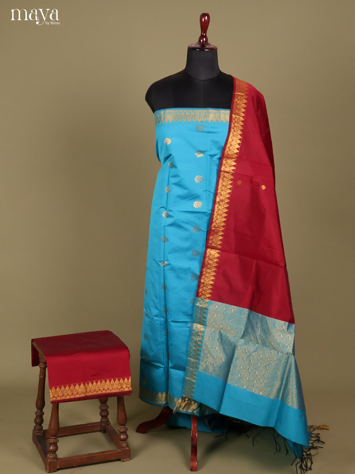 Blue & Maroon-semi softsilk salwar Unstitch