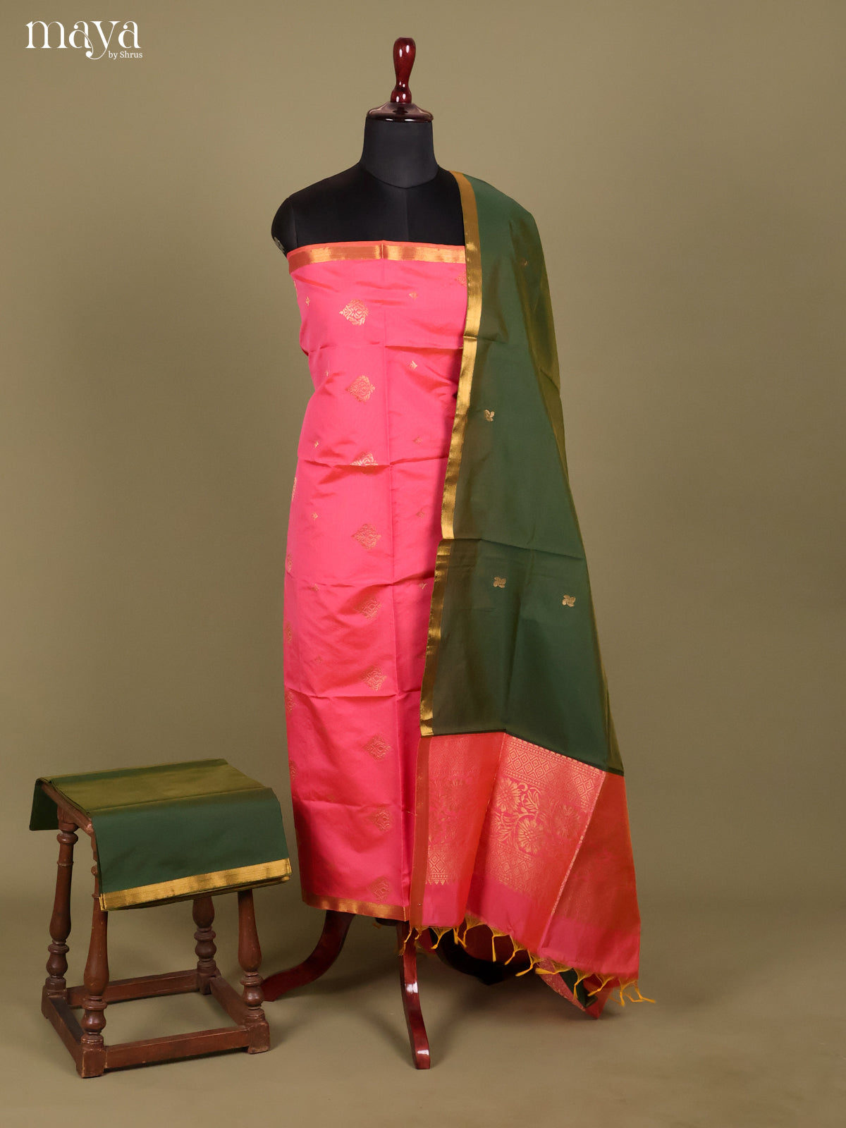 Pink & Green-semi softsilk salwar Unstitch