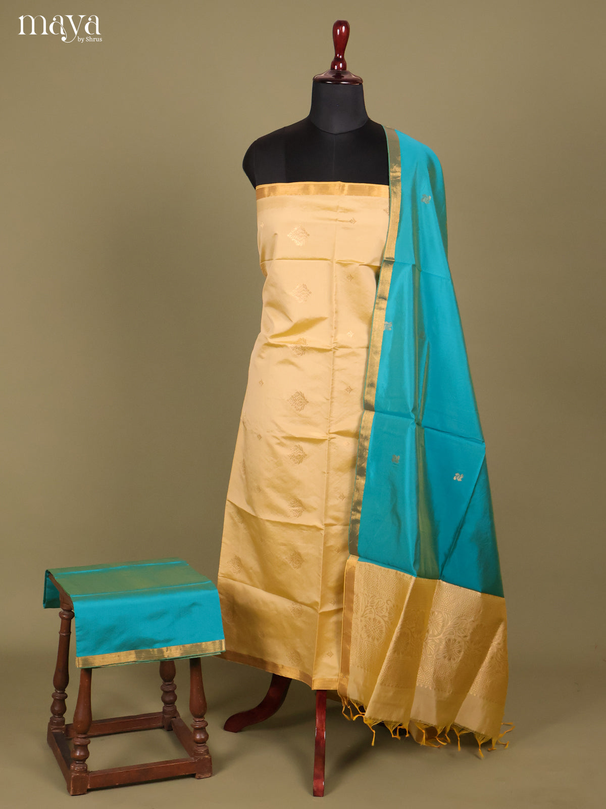 Cream & Blue -semi softsilk salwar Unstitch