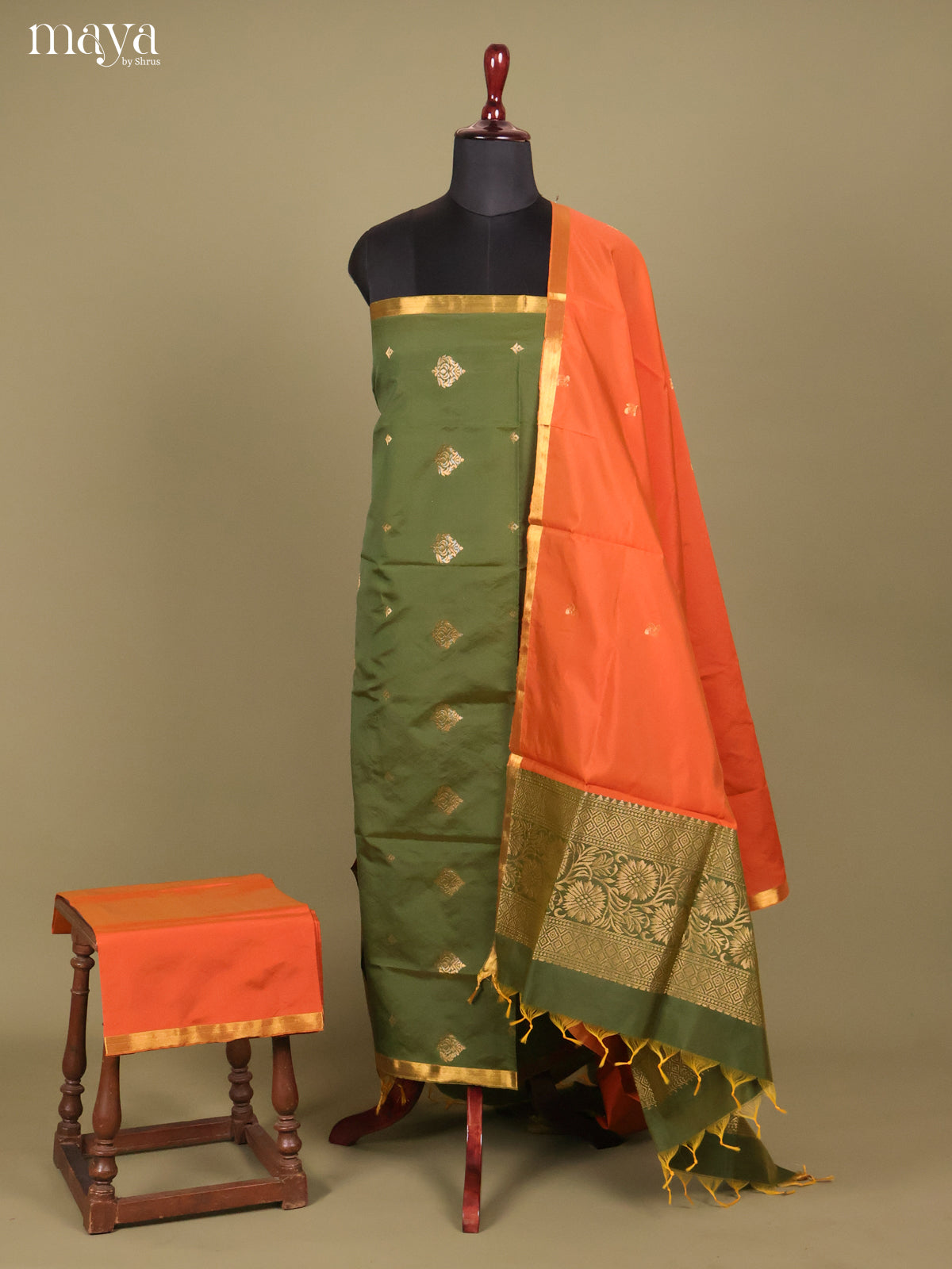 Green & Orange -semi softsilk salwar Unstitch