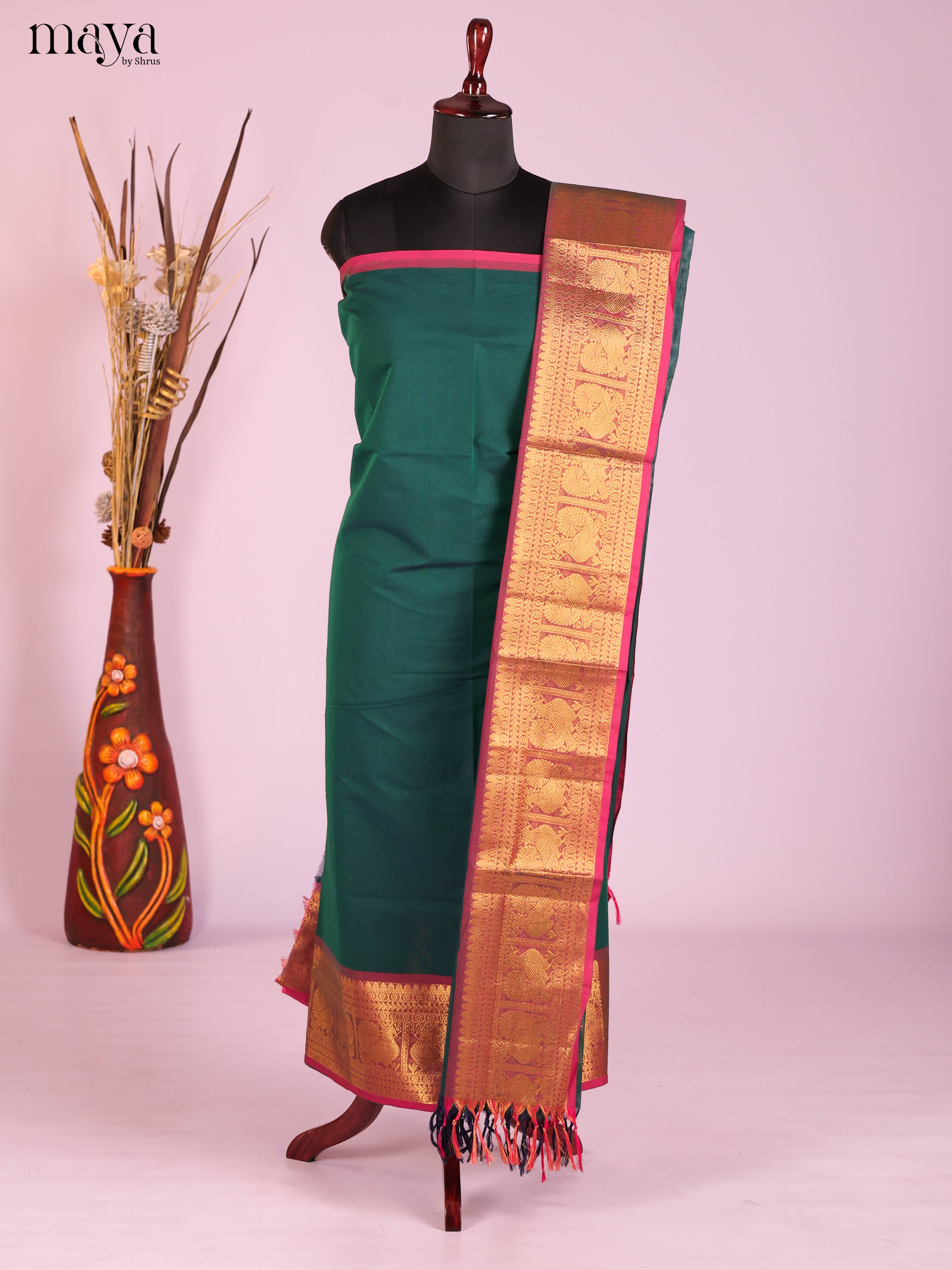 Green & Maroon-Narayanpet top & dupatta combo