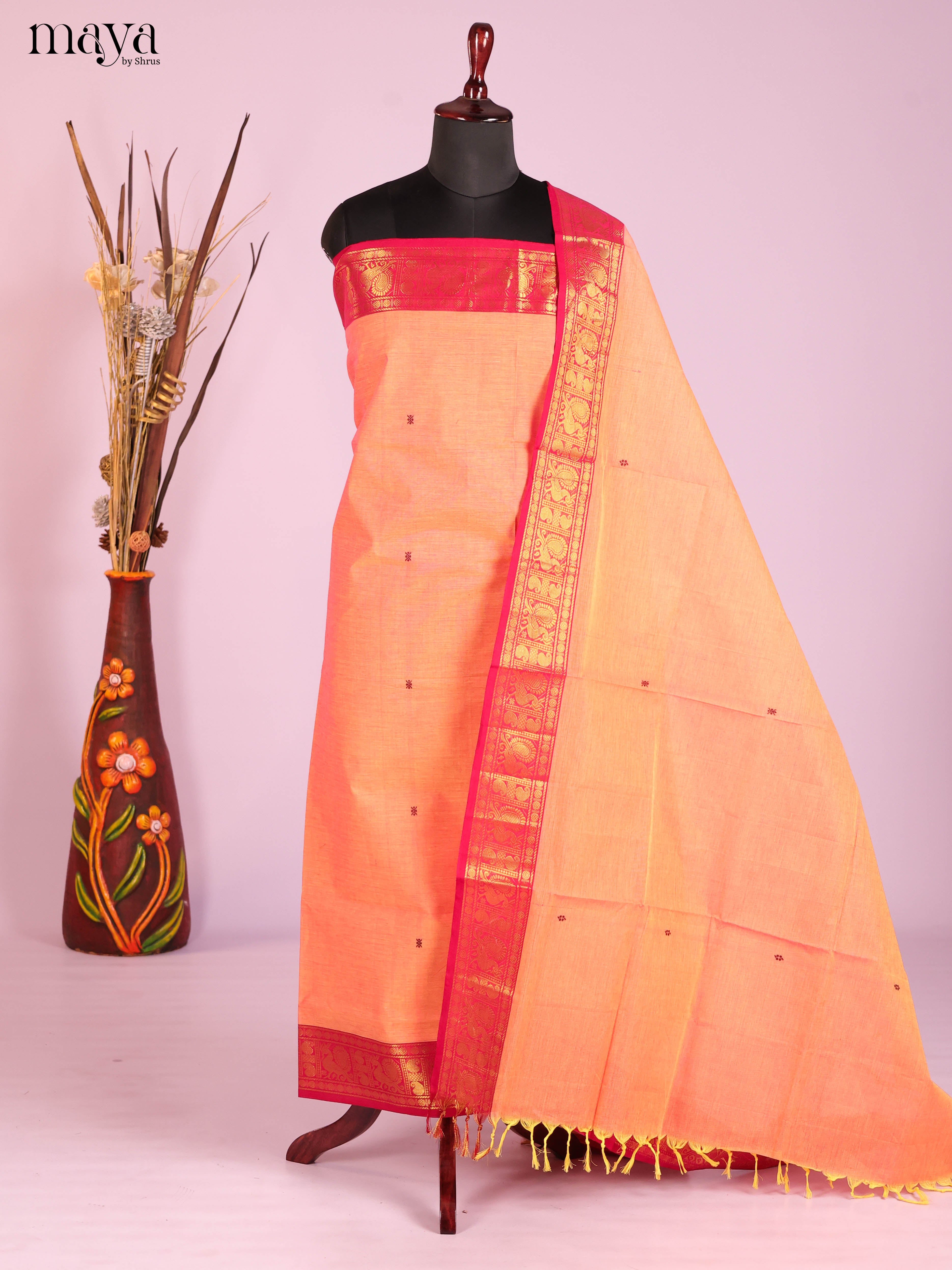 Peach & Red-Narayanpet top & dupatta combo