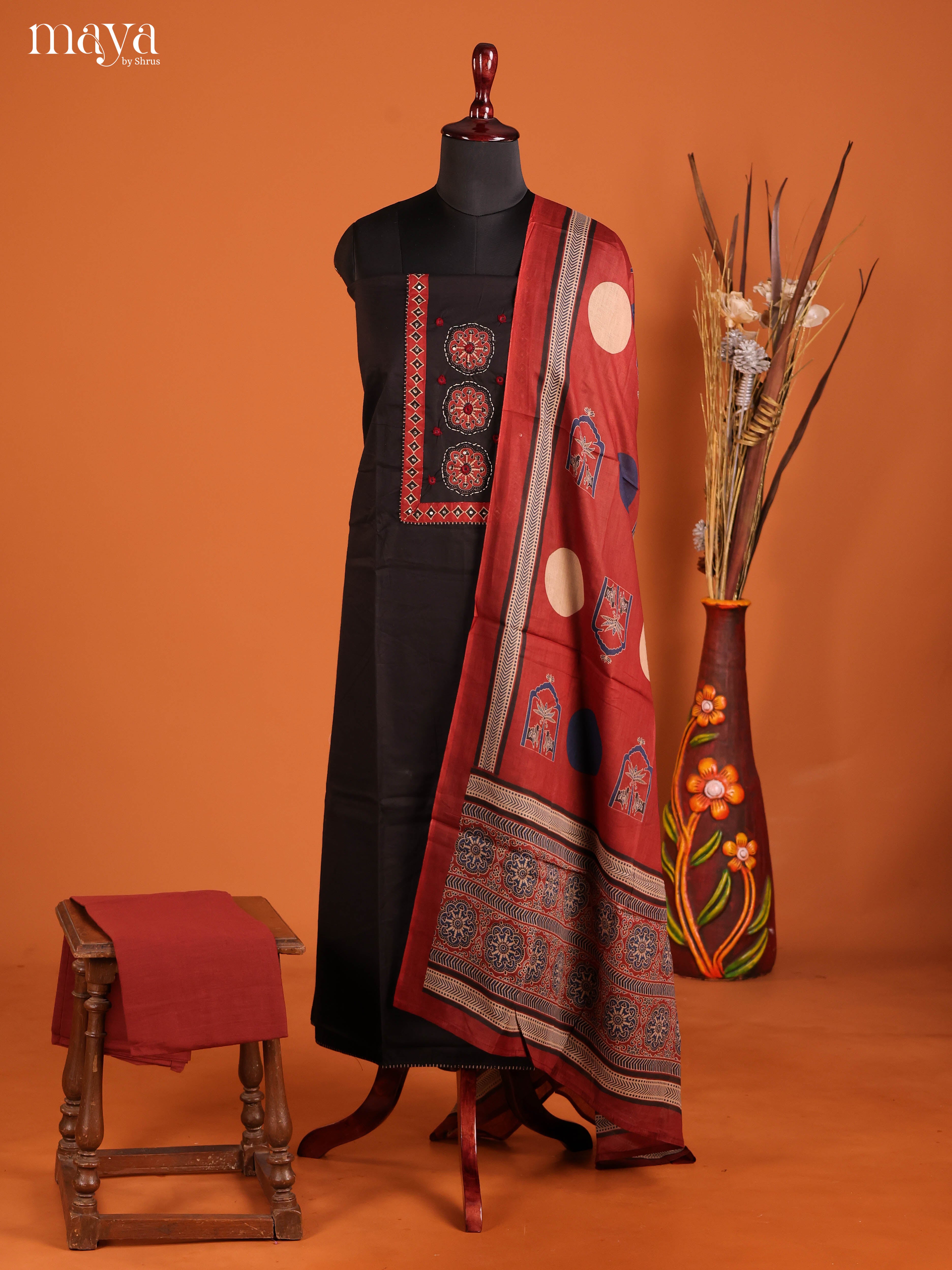 Black & Maroon -Ajrakh Salwar Unstitch