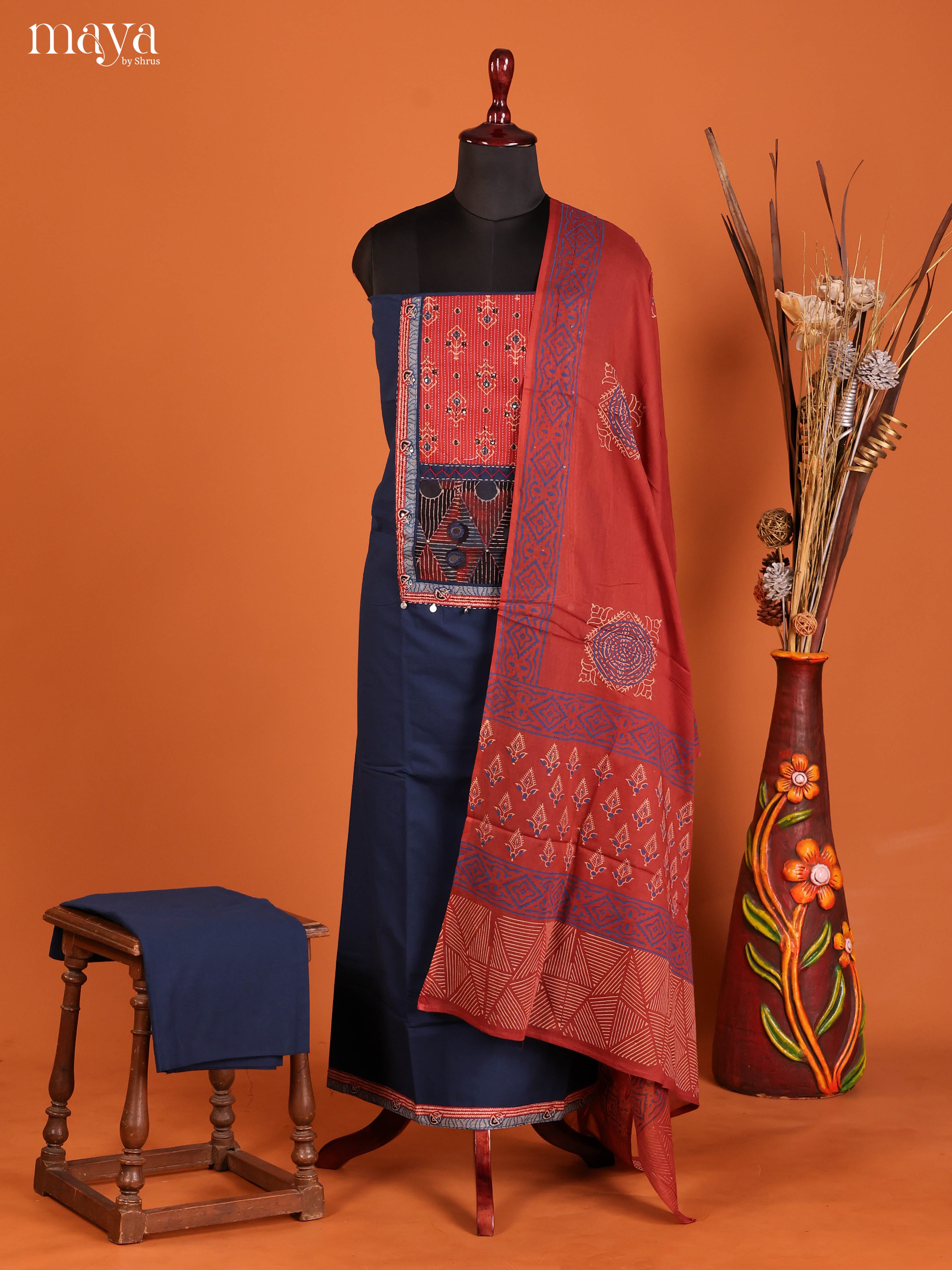 Blue & Red -Ajrakh Salwar Unstitch