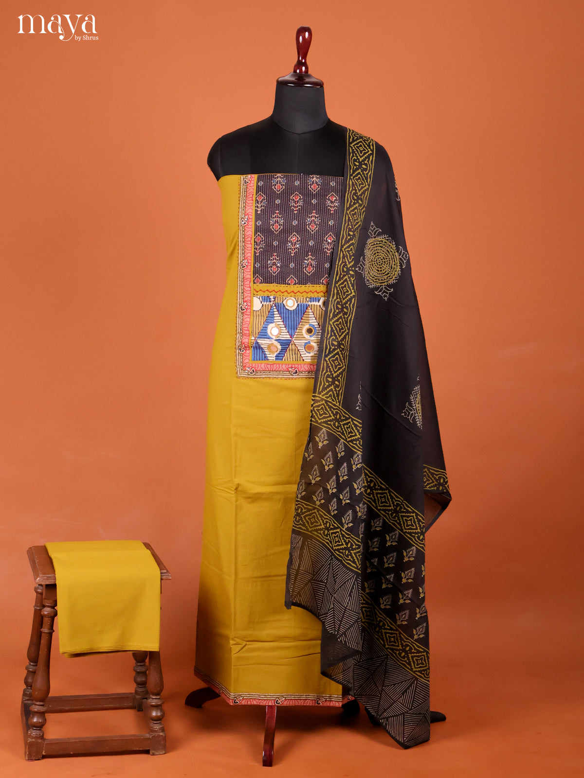 Mustard & Black-Ajrakh Salwar Unstitch
