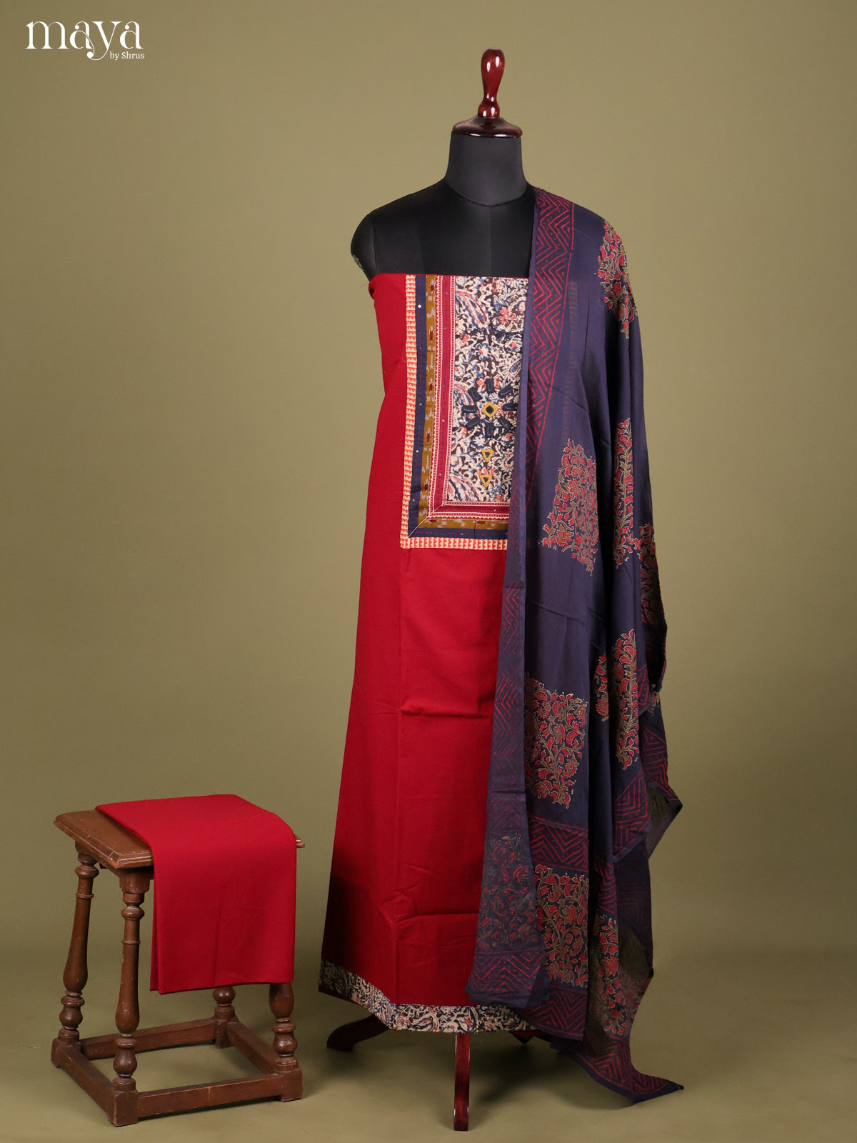 Red & Blue-Ajrakh Salwar Unstitch