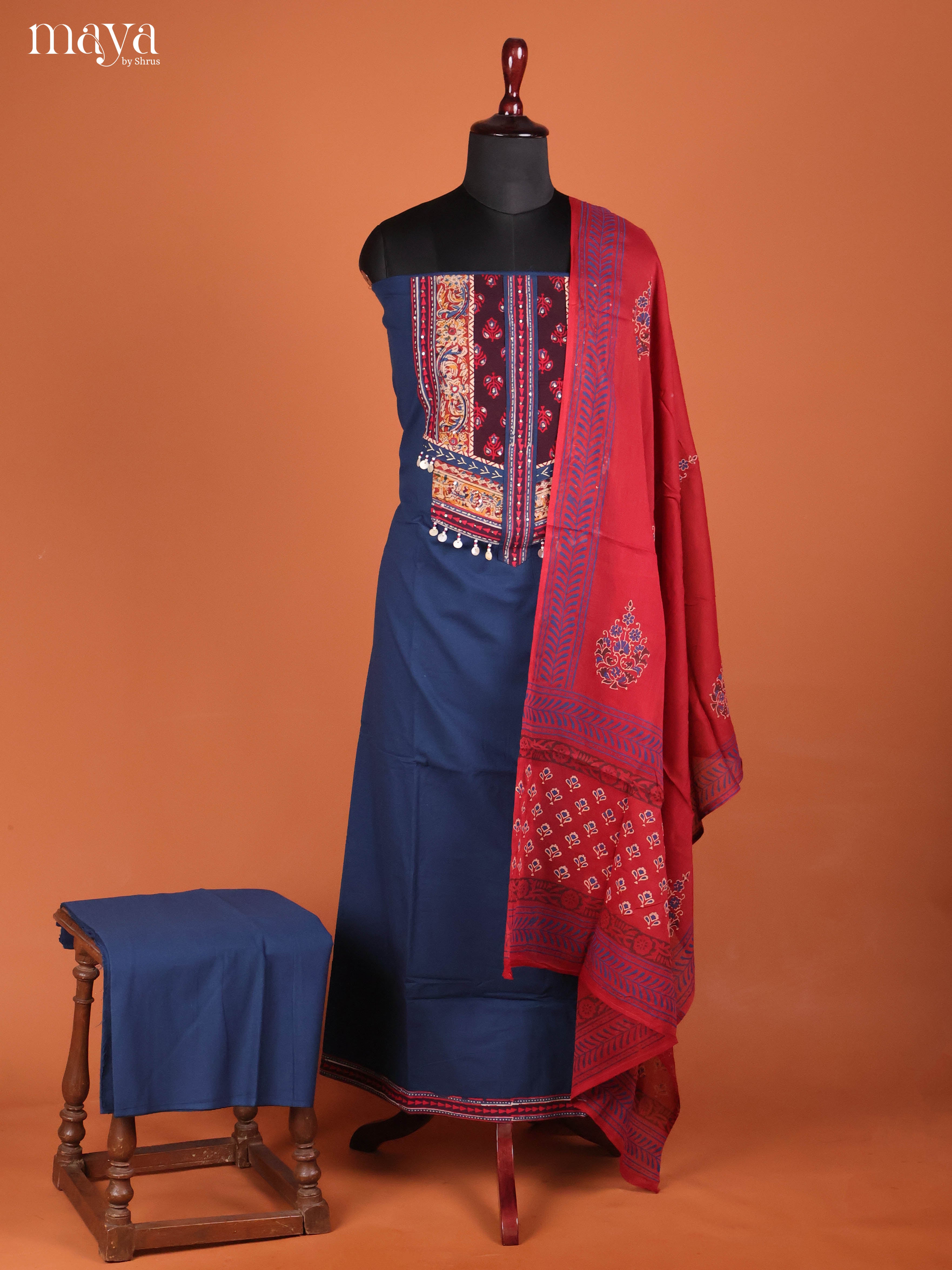 Blue & Red-Ajrakh Salwar Unstitch