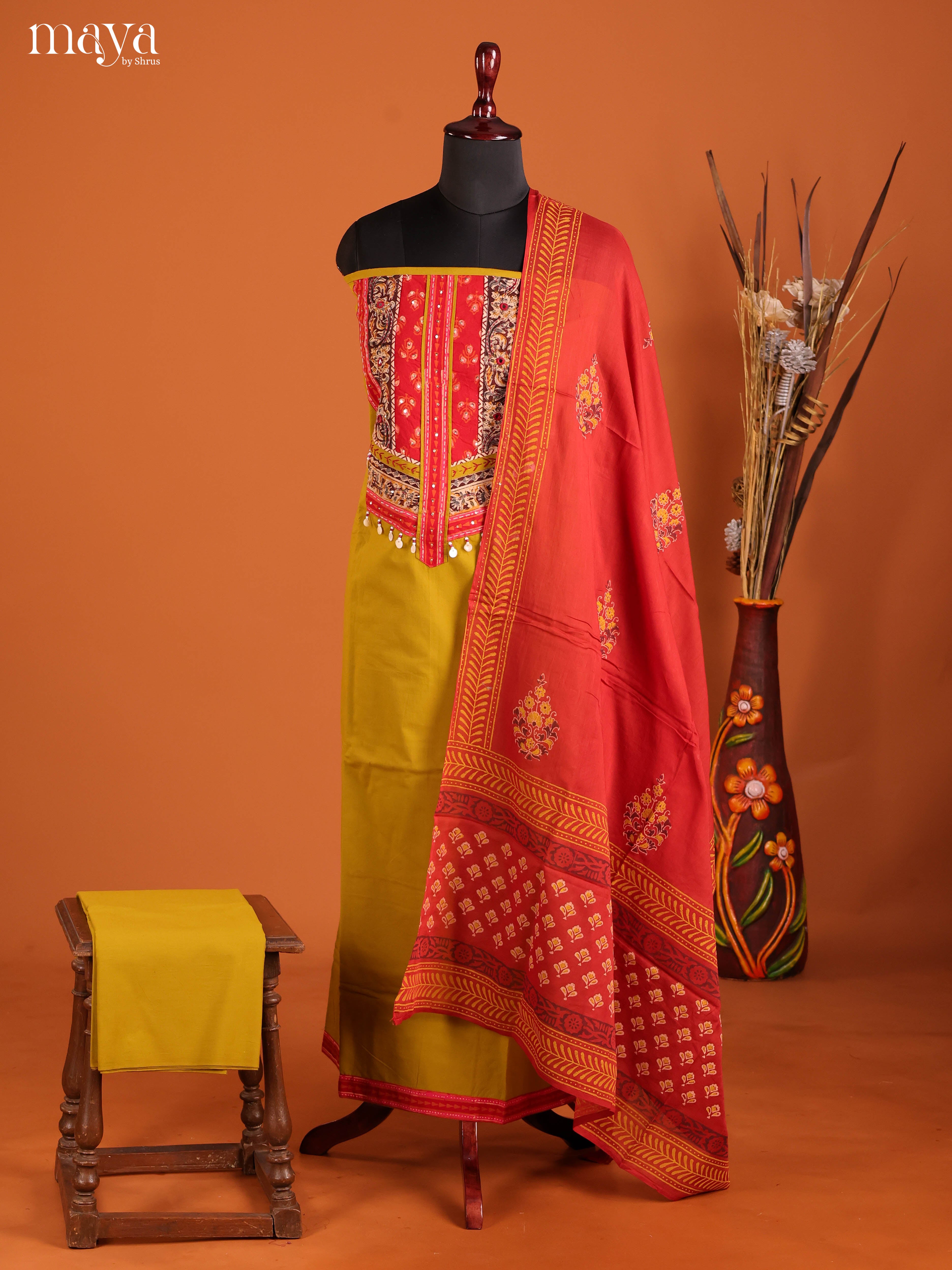 Mustardy Green & Red -Ajrakh Salwar Unstitch