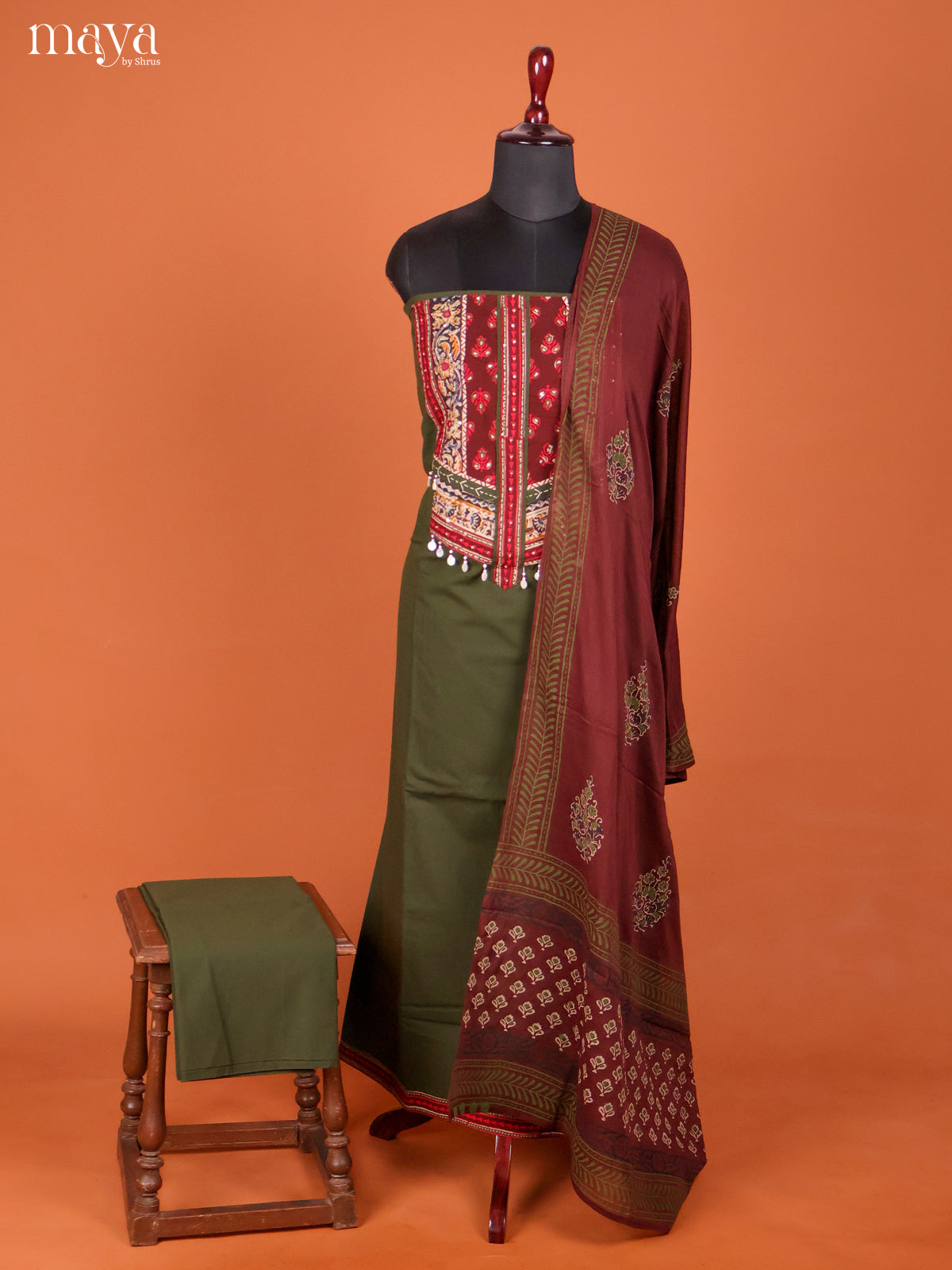 Green & Maroon-Ajrakh Salwar Unstitch