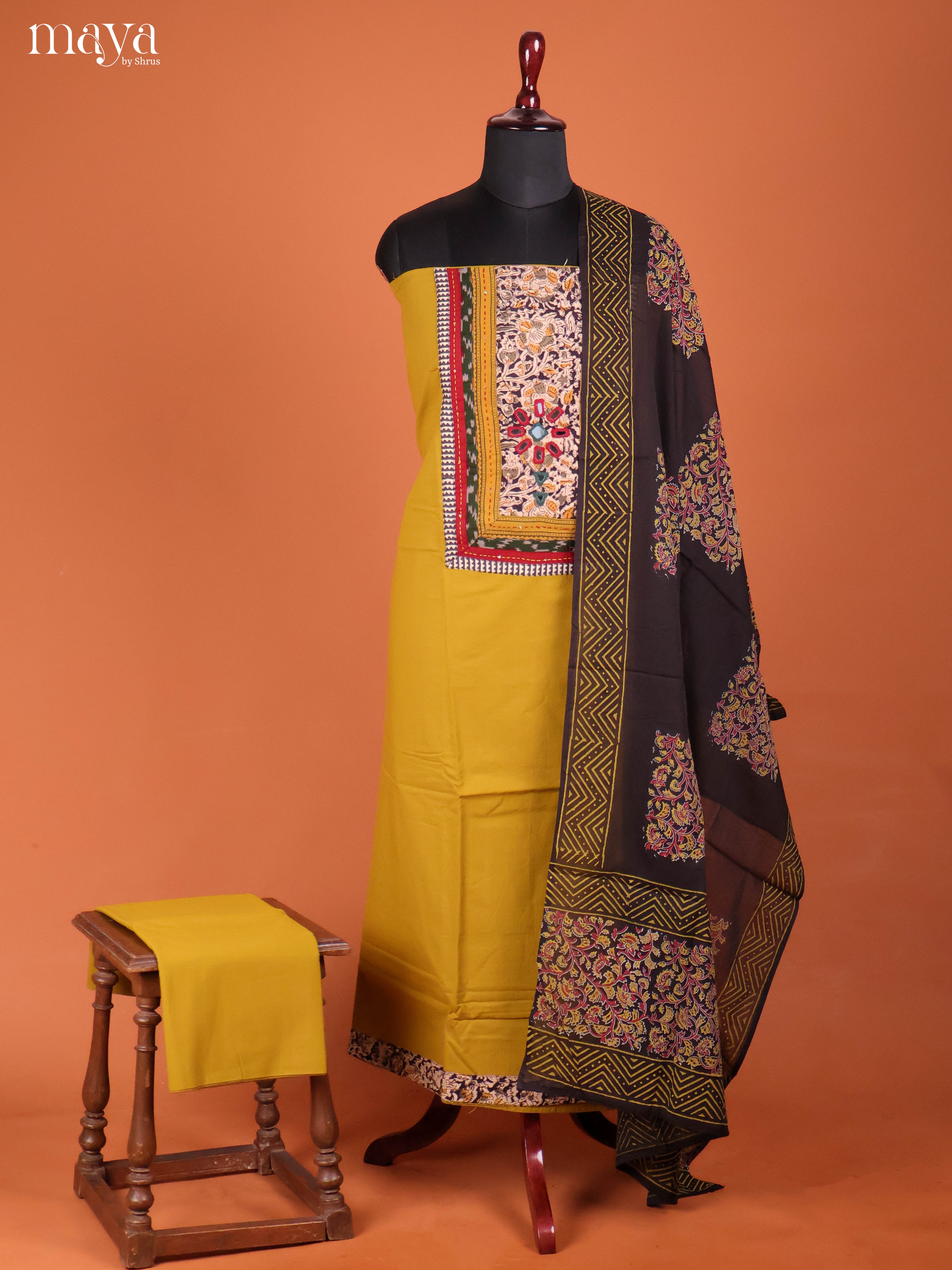 Mustardy Green & Black-Ajrakh Salwar Unstitch